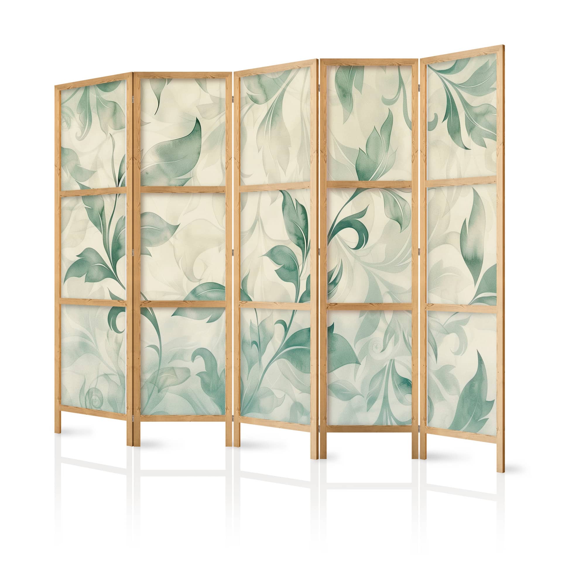 Japanischer Paravent, Raumteiler freistehend, Trennwand - Watercolor Botanical Motif: Green-Beige Le