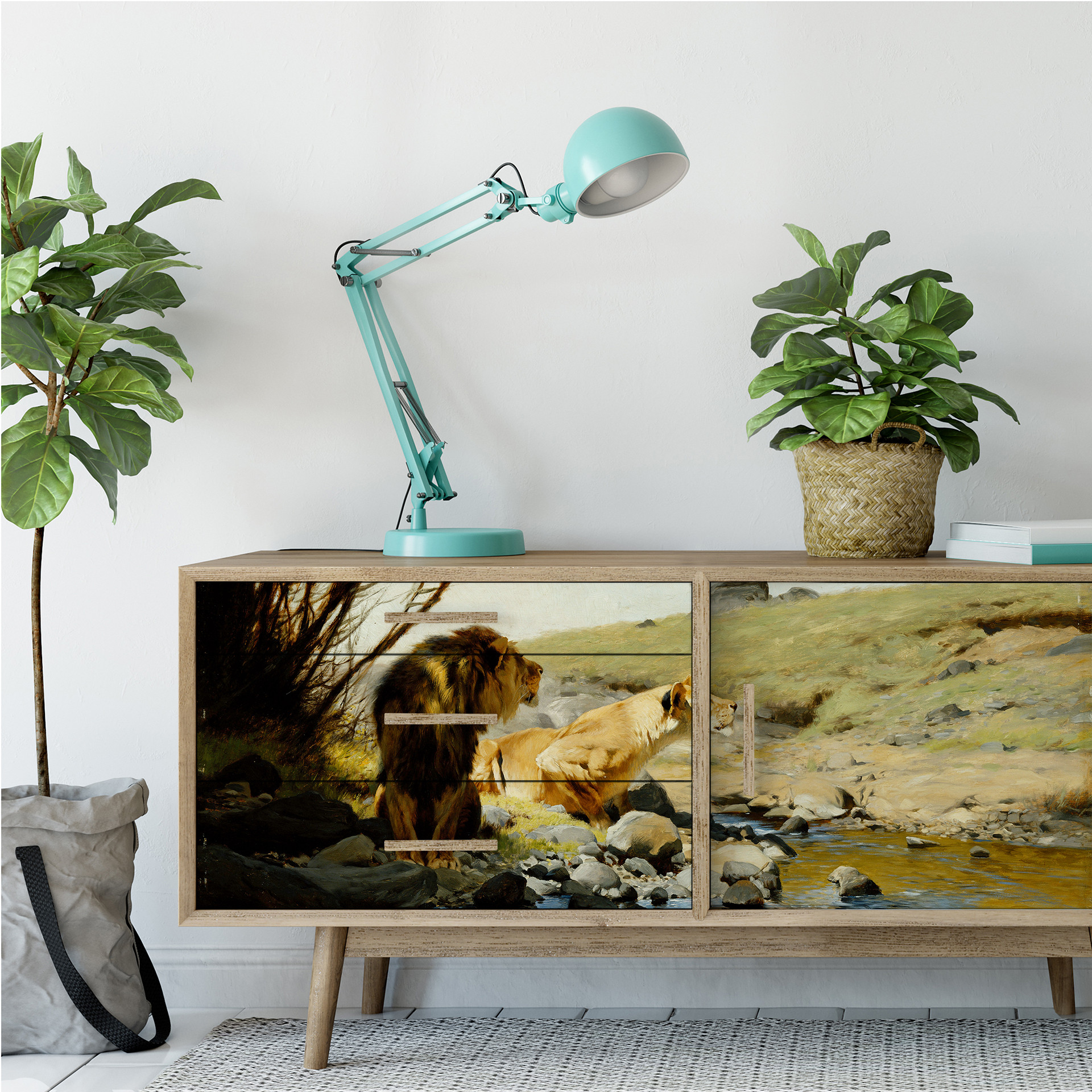 Wallprint W - Kuhnert - Ein Löwe und eine Löwinan einem Bach