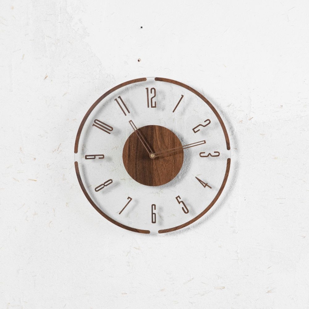 Moderne Glasuhr mit Holz, transparent/braun | Ø30 cm