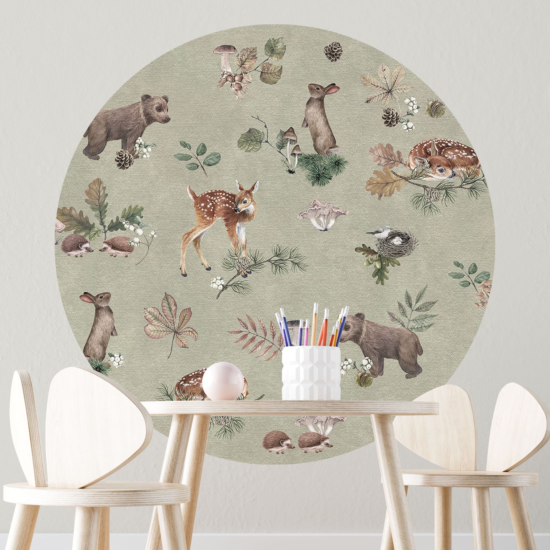 Wandtattoo Rehkitz und Waldfreunde - Tiere für Kinder - grün - Kikki Belle - Rund