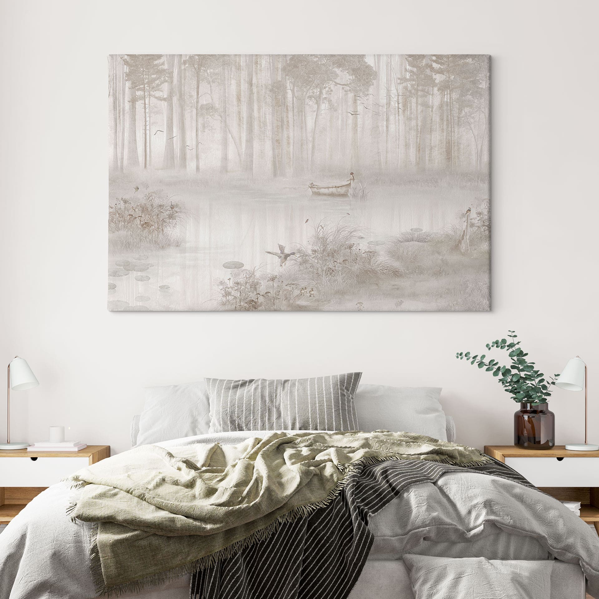 Canvas schilderij bos bij het meer in beige mist - Ms Tiff