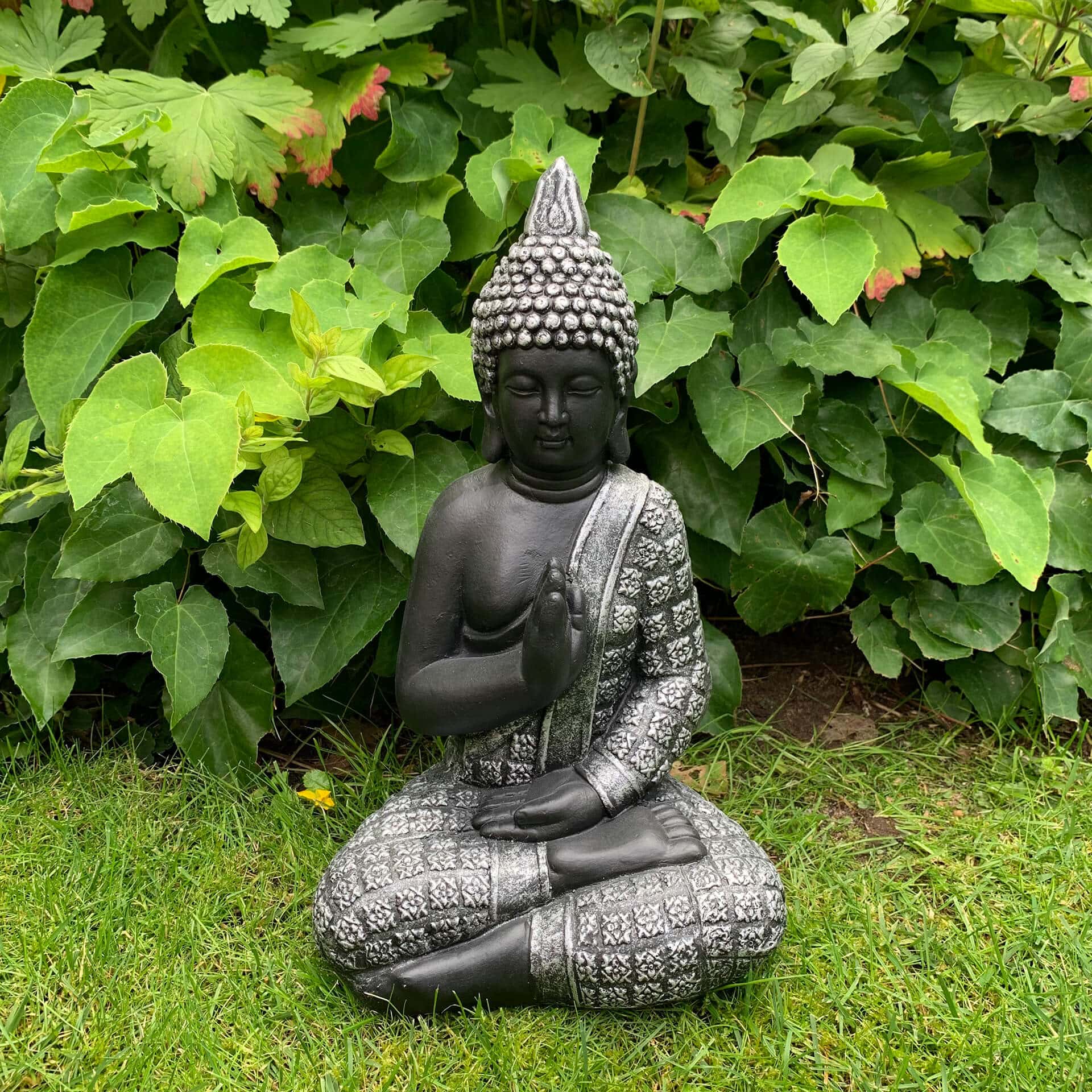 Statuette Lao Bouddha en pierre artificielle décoration de jardin et extérieurs,  noir, argent - 20x15x33 cm