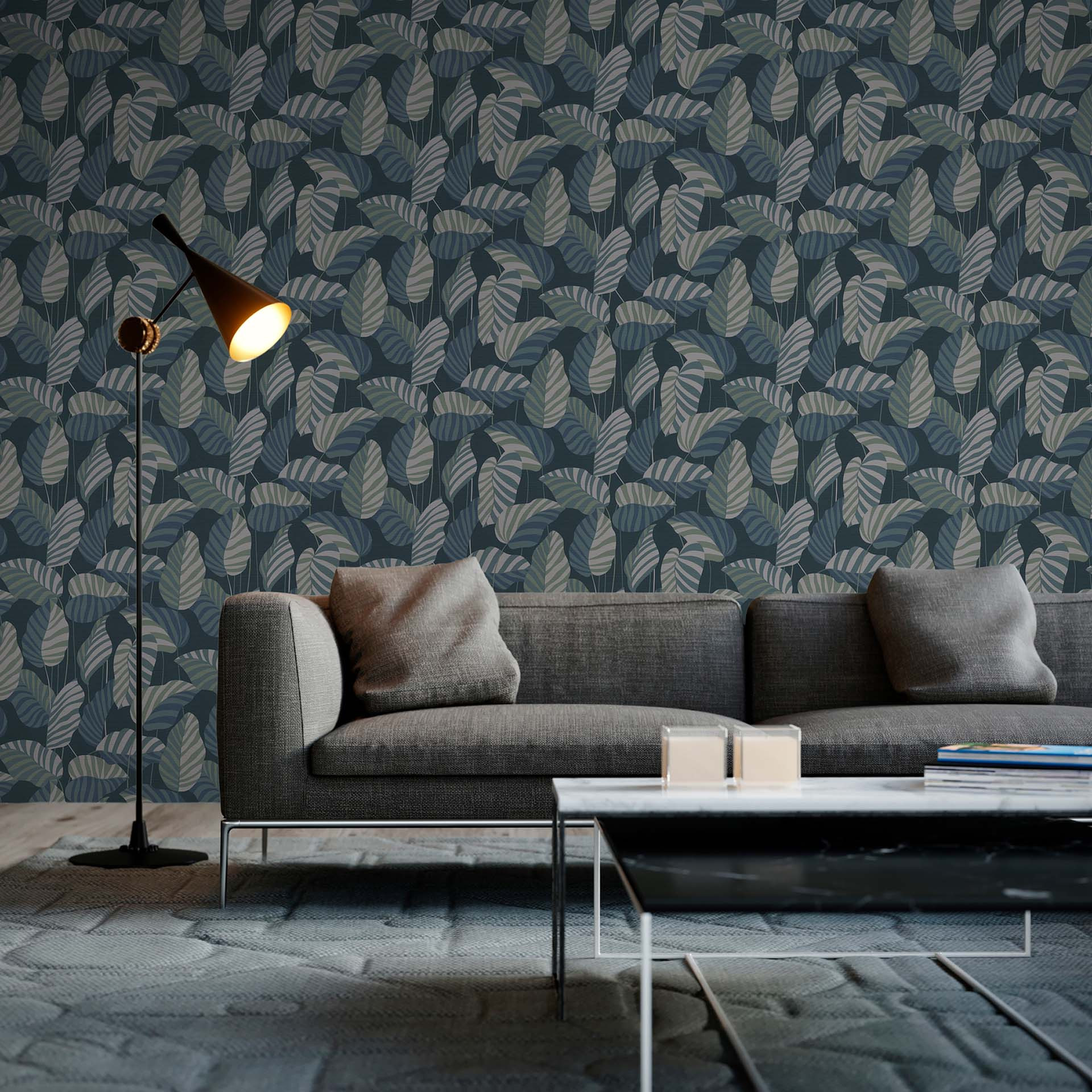 vintage behang jungle planten bladeren blauw groen vliesbehang