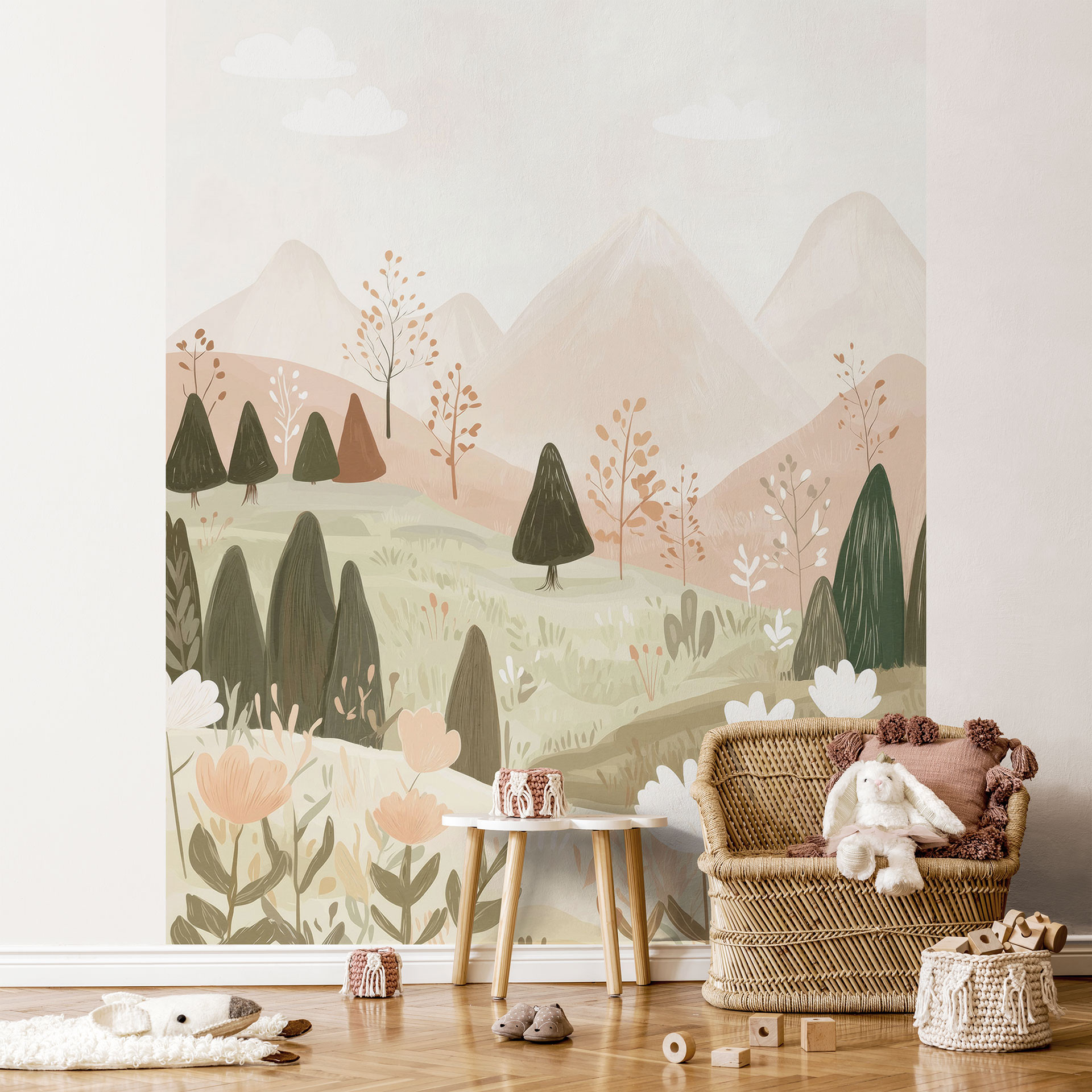 Kinderkamer Fotobehang pastel berglandschap met bloemen - Treechild