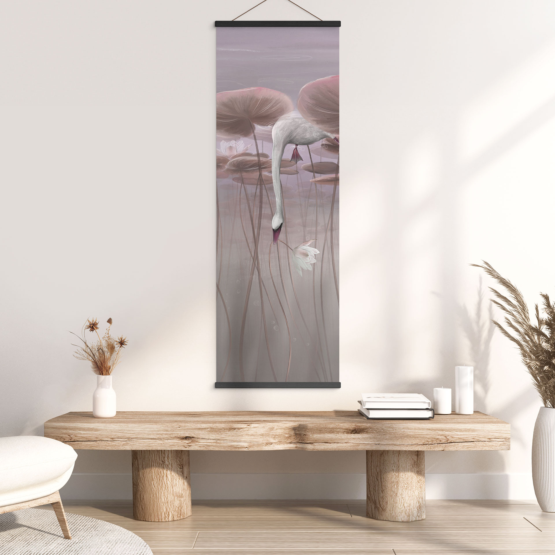 Stoffbild Lotusblumen mit Schwan im Wasser in Altrosa - Ms Tiff - Panorama