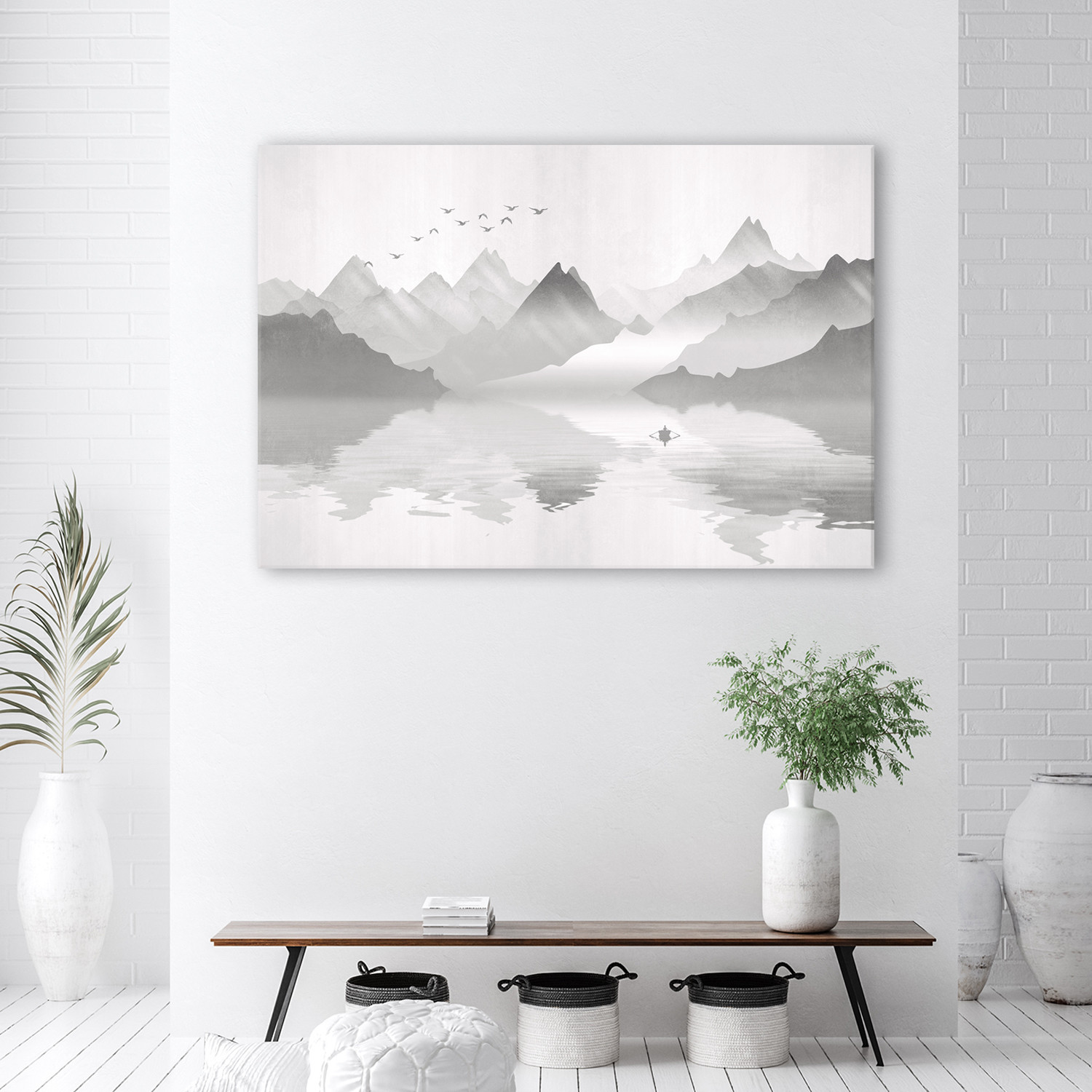 Canvasbillede, Abstraktion af bjerge i havet