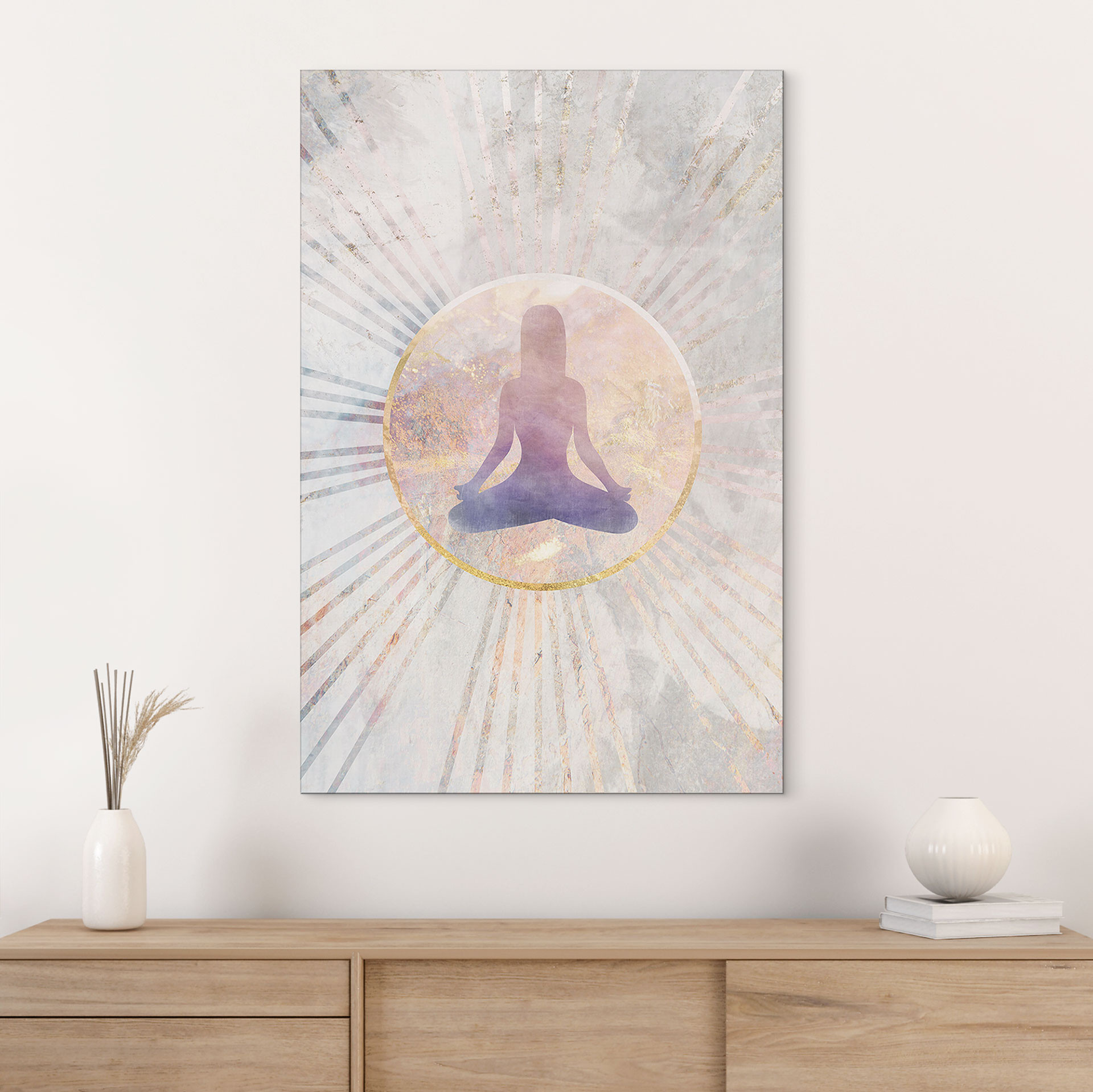 Billede af lotusstilling - Meditation i gyldent lys - Manovski – print på aluminium (Alu-Dibond)