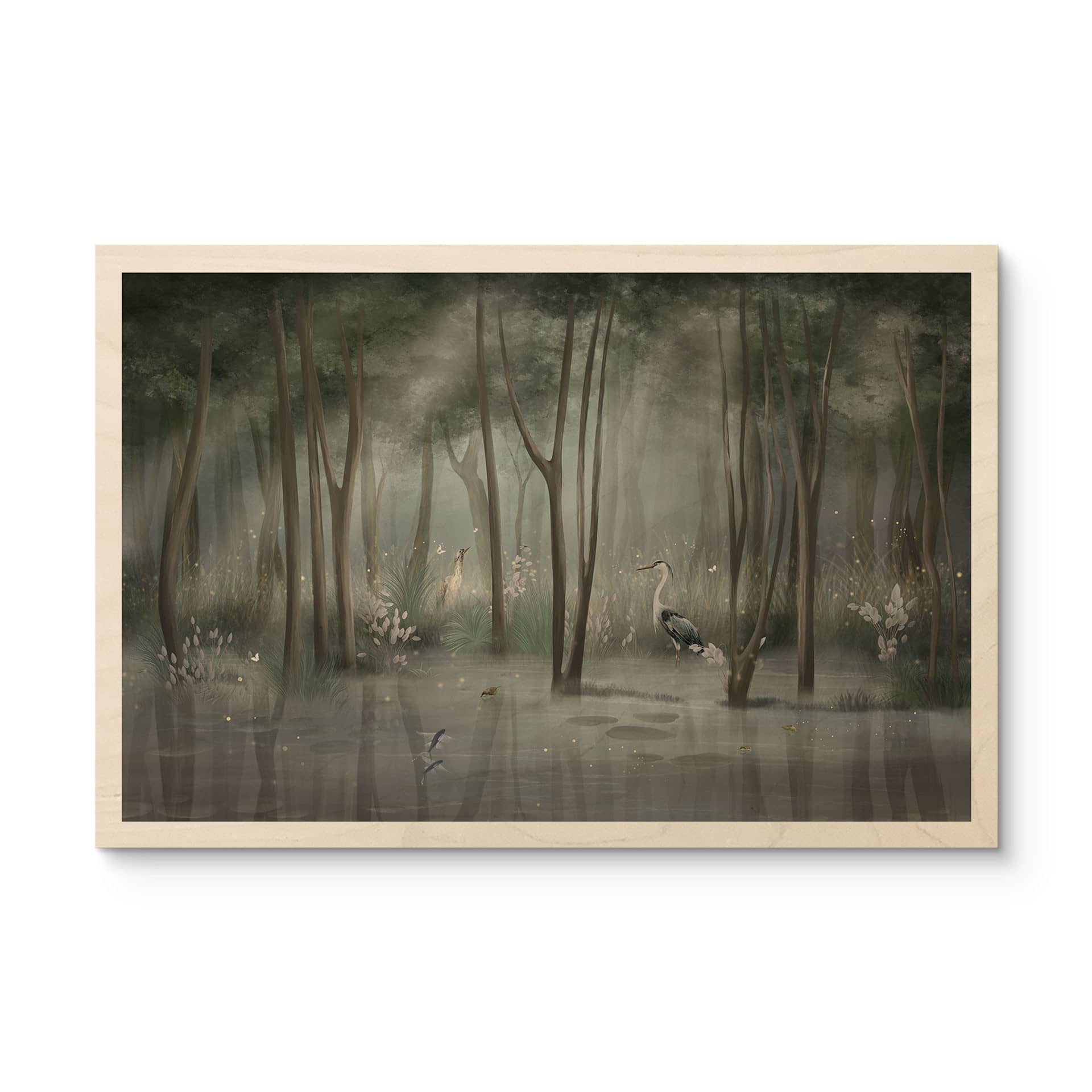 Houten Wanddecoratie wolkenbos bij een meer met reiger in het groen - Ms Tiff