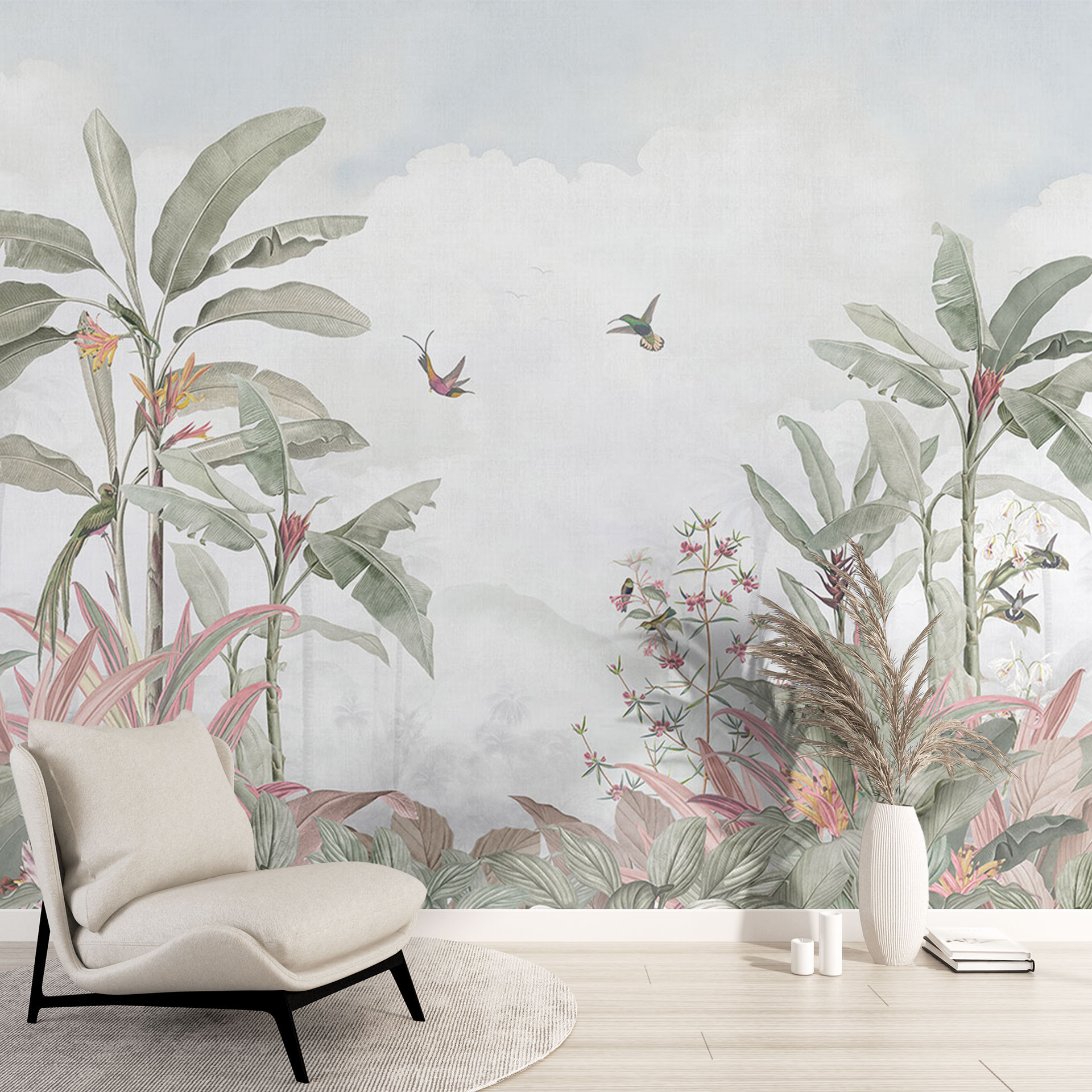 Fotobehang woonkamer - tropische idylle met kolibrie blauw - Bloomery Decor