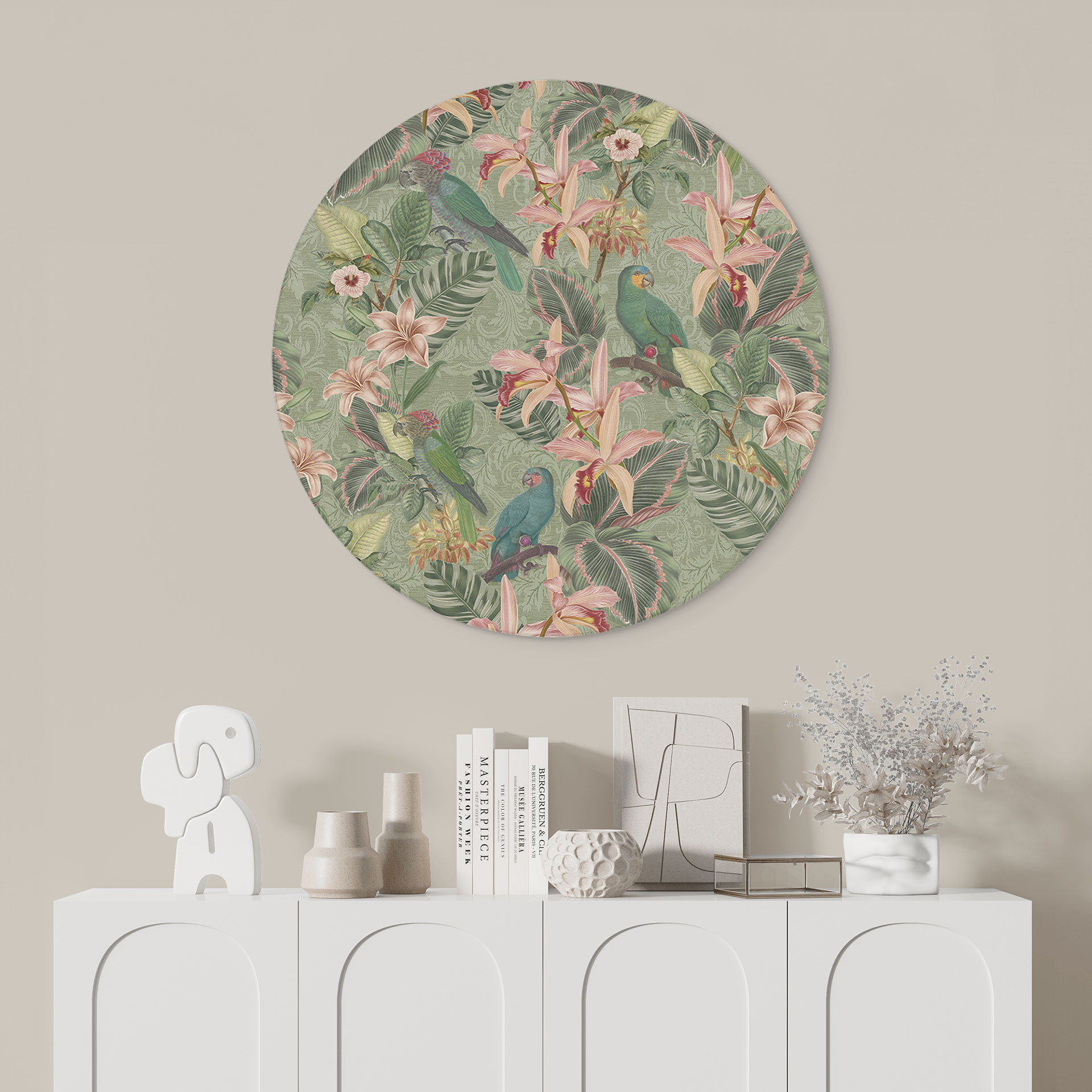 Billede Jungle med papegøjer Grøn - Blomsterdekoration - rund – print på aluminium (Alu-Dibond)