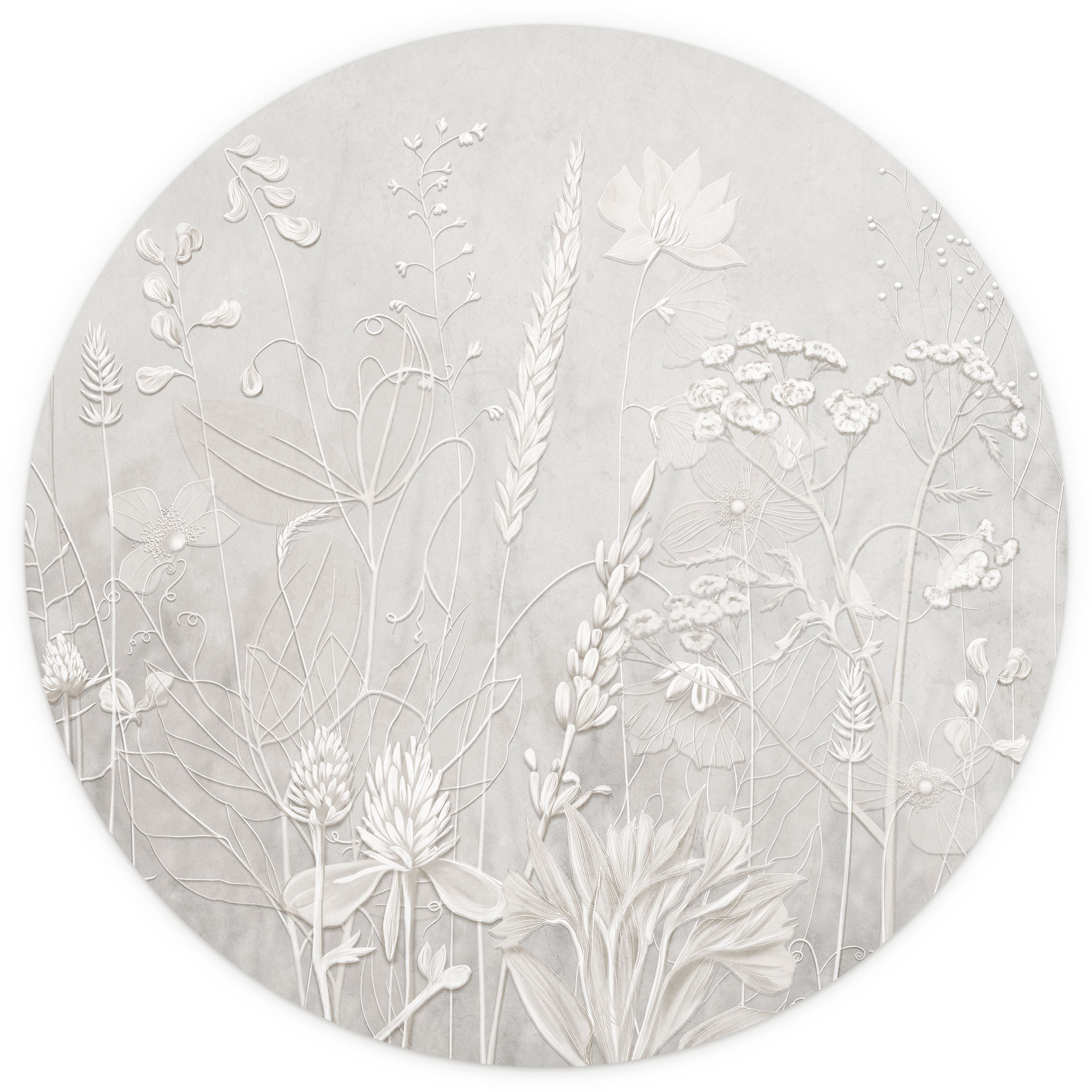 Fotobehang met bloemenreliëf - Planten in wit in een modern ontwerp - Ms Tiff - Rond - Zelfklevend/n