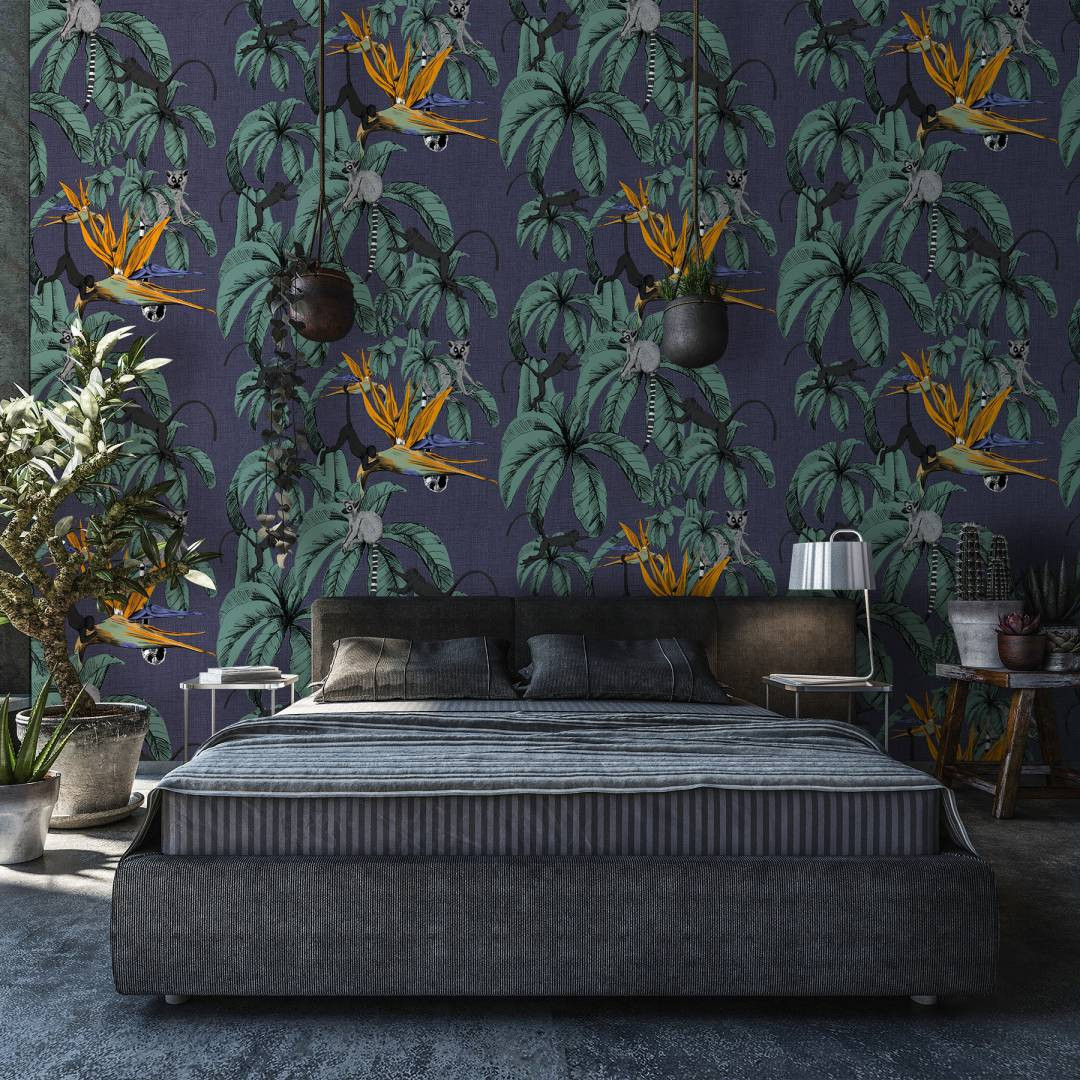 Fotobehang met apen en planten, blauwe illustratie 2.70 x 2.12 m