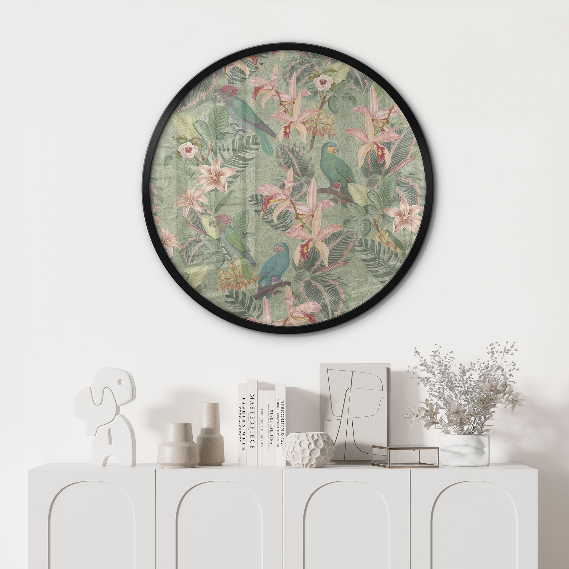 Poster jungle avec perroquets vert - Bloomery Decor - Rond