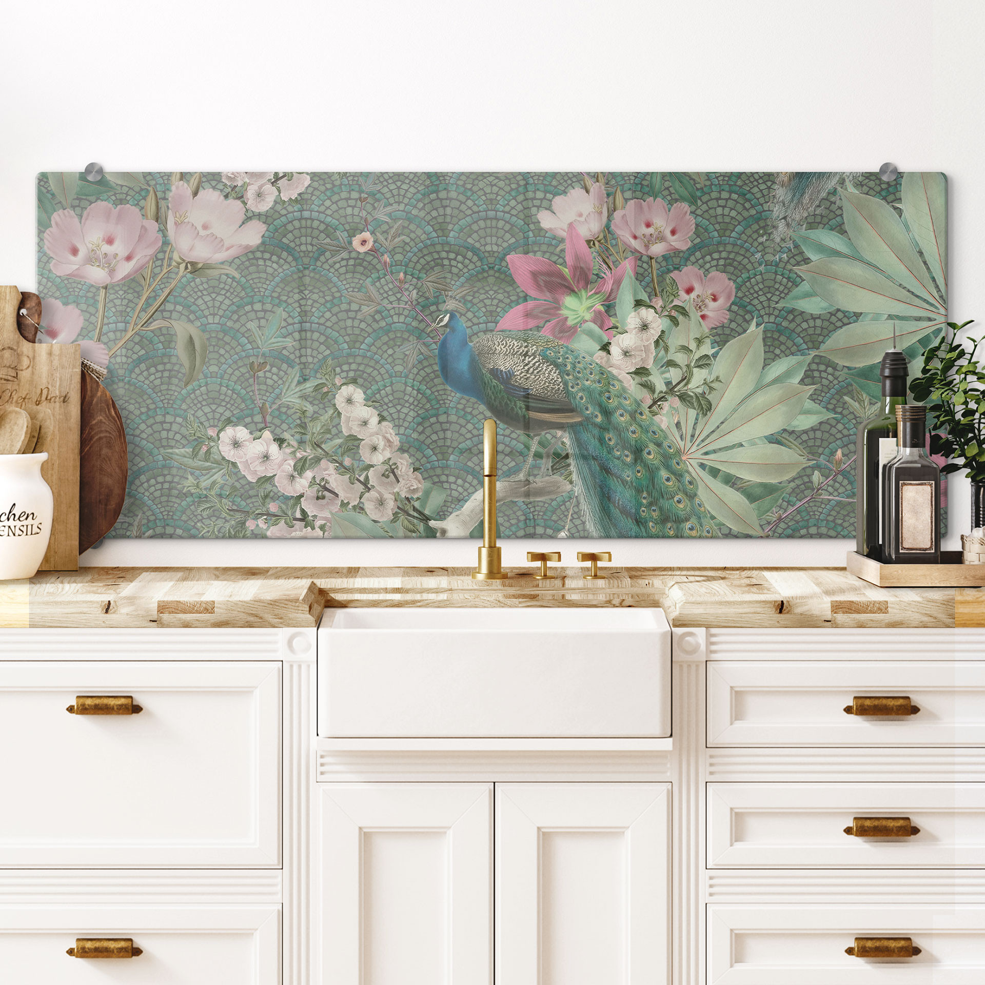 Spritzschutz Pfau im Tropengarten auf Mosaik - Bloomery Decor - Panorama