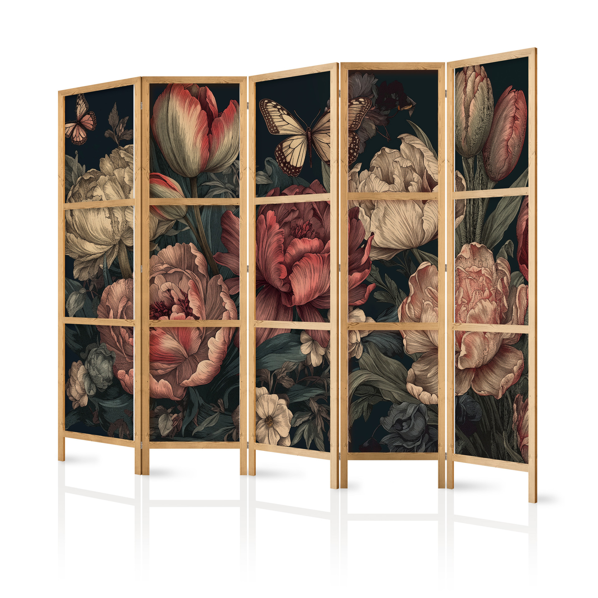 Japanischer Paravent, Raumteiler freistehend, Trennwand - Floral Illustration on a Turquoise Backgro