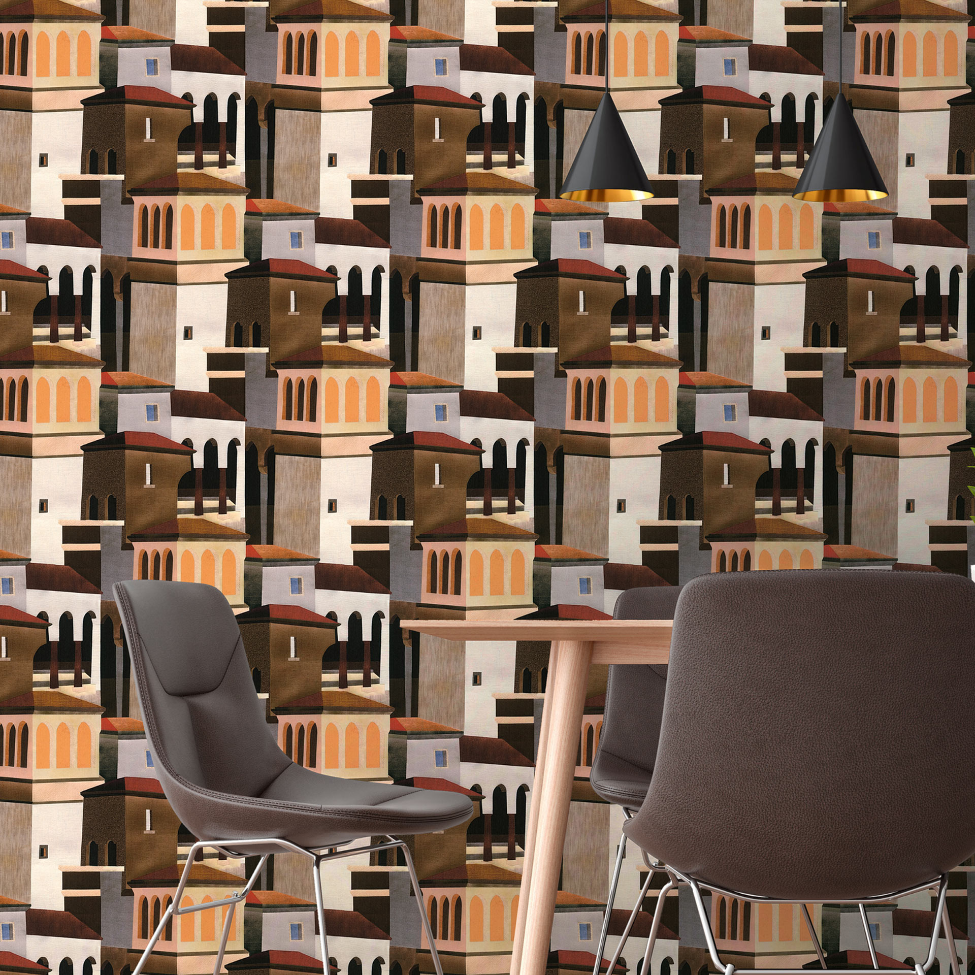 Vliesbehang met architectonisch motief in kleuren bruin, oker en terracotta