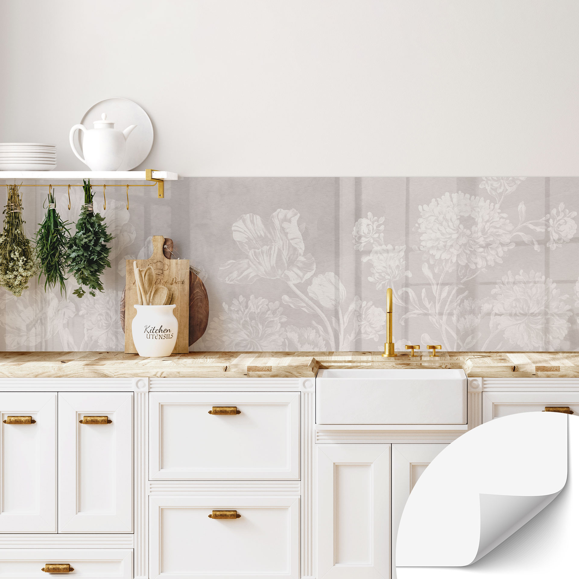 Samoprzylepny panel ścienny do kuchni z polnymi kwiatami w kolorze kredowego beżu - Bloomery Decor