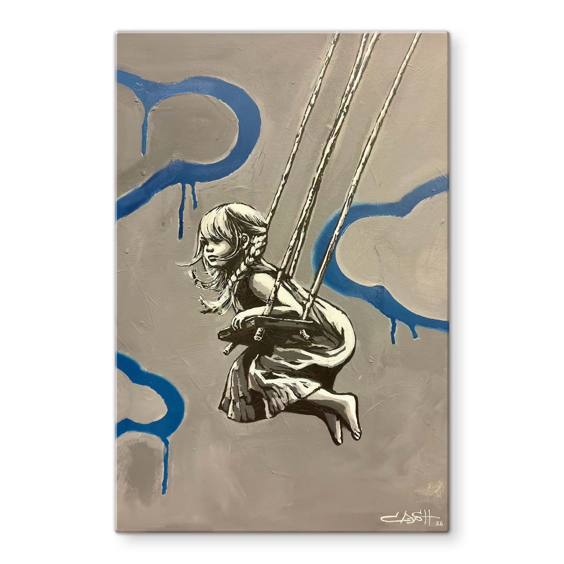 Glasbild Mädchen auf Schaukel Streetart - Habib - 40x60 cm