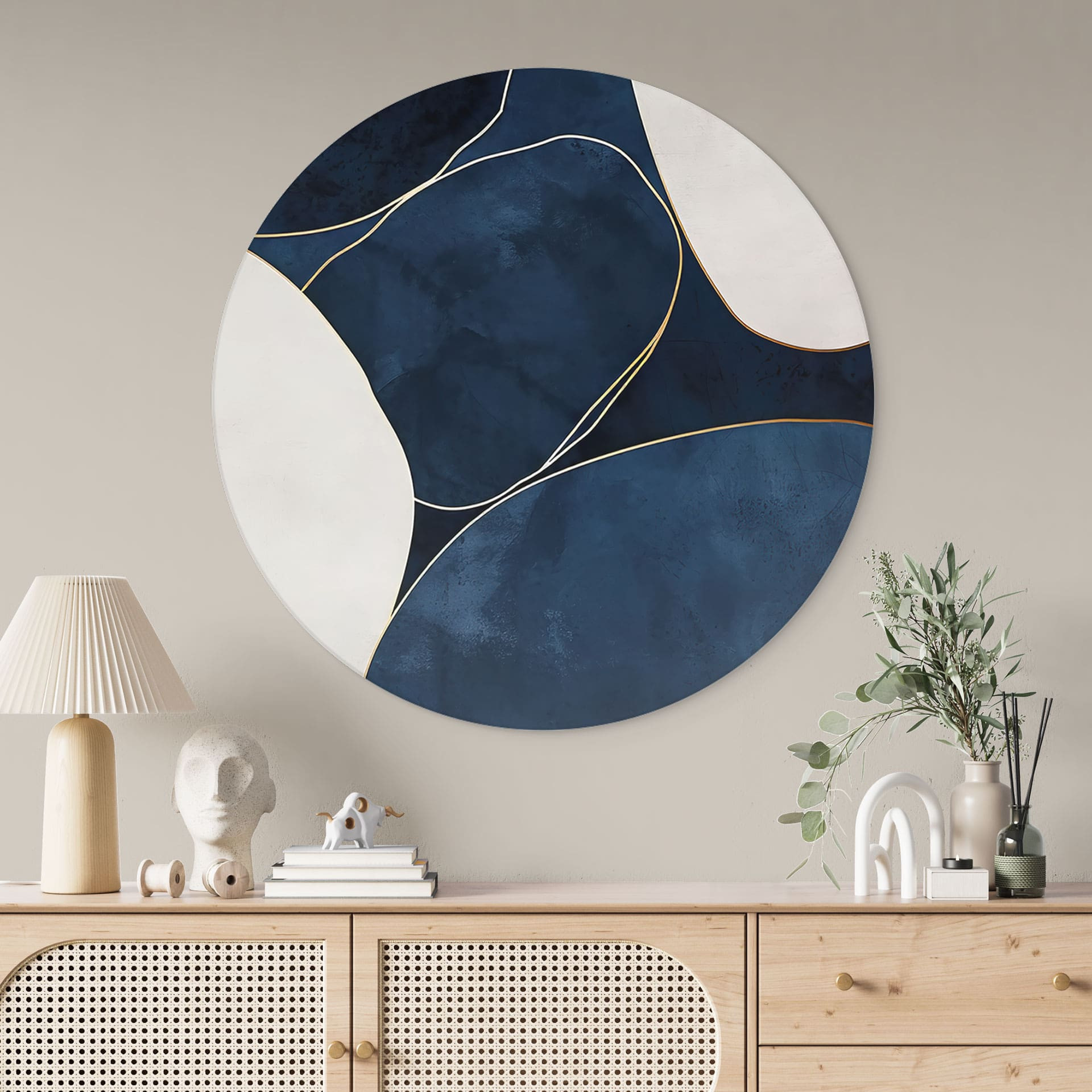 Wandbild Geometrische Balance in Blau und Weiß - Paksoylu - Alu-Dibond Rund