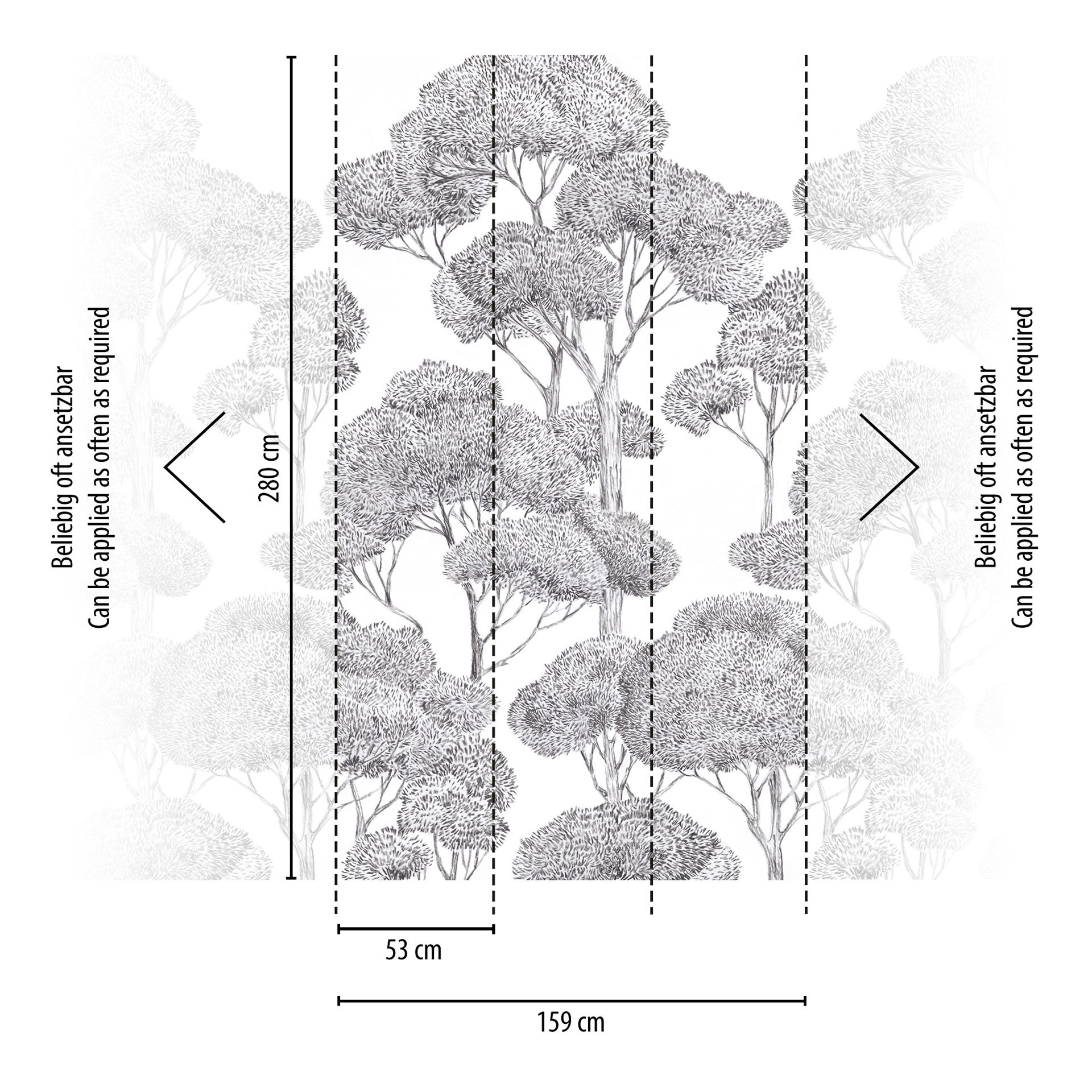 Vliesbehang bosbomen grijs zwart mat uittrekbaar 1,59 x 2,80 m Vliesbehang Wanddecoratie