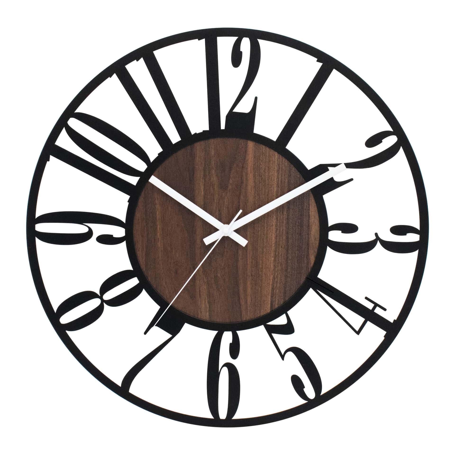 Horloge murale design Dark Contrast avec finition en bois de noyer et chiffres arabes Ø50 cm