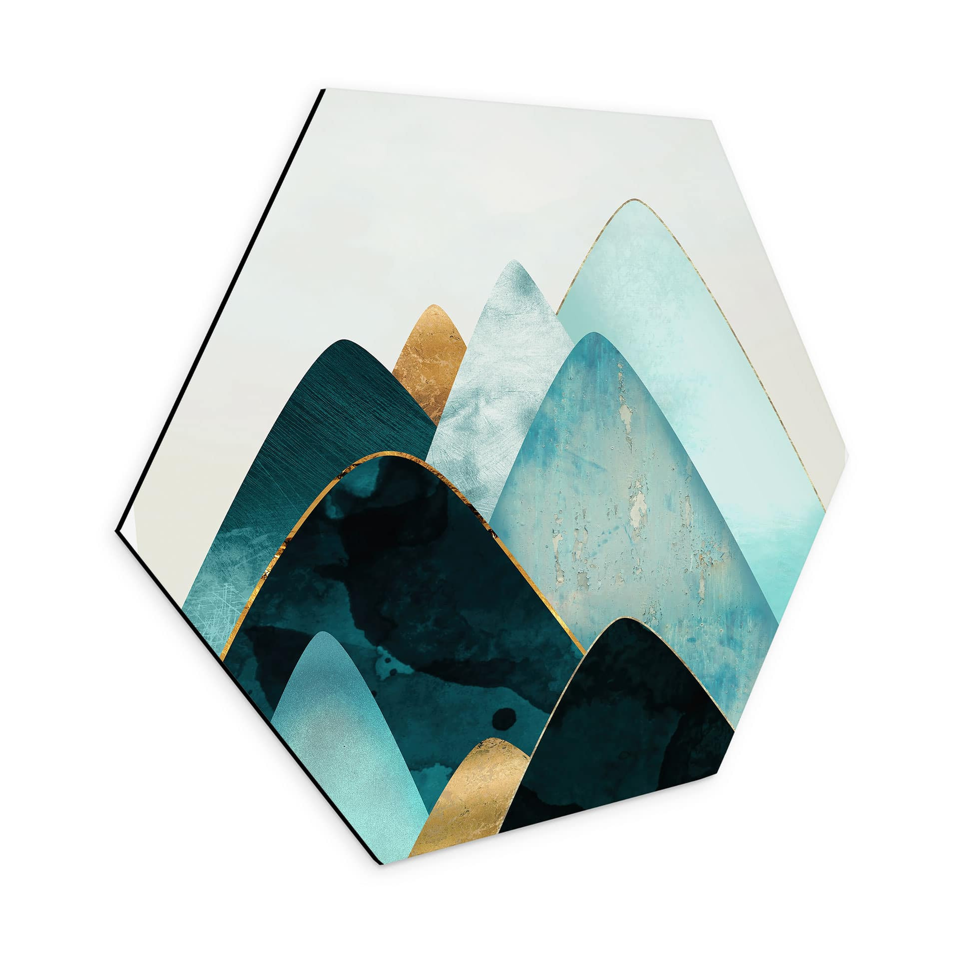 Hexagon Dibond Abstrakte bjerge i guld og blå - SpaceFrog Designs