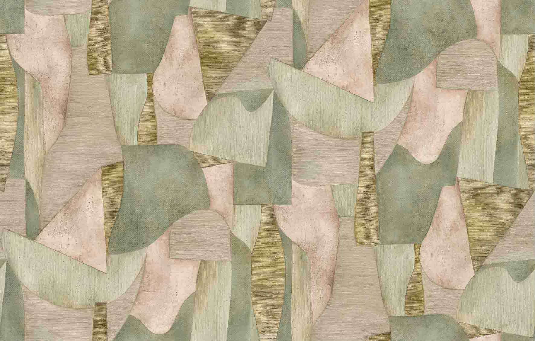 Papier peint photo motif Formes abstraites dans les tons vert sauge et beige avec filin 2,7 x 4,24 m