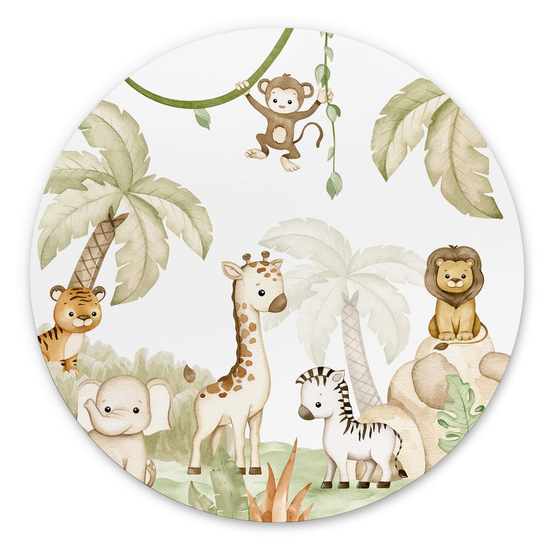 Vægcirkel Oliver Robins - Animals and Palm Trees – print på aluminium (Alu-Dibond)