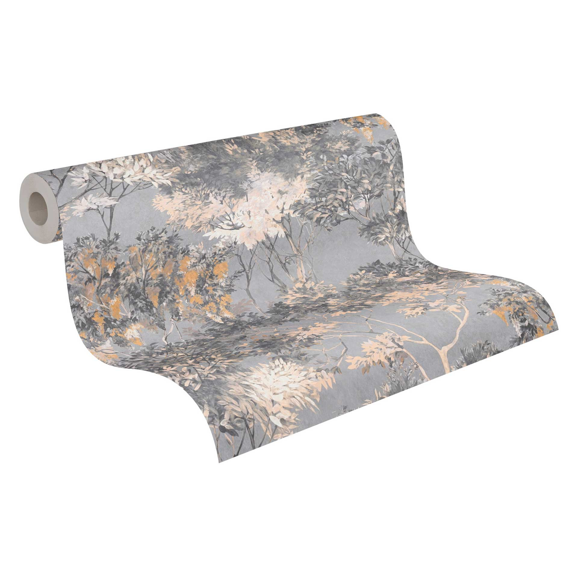 vliesbehang met bomen grijs beige - aquarel behang wit
