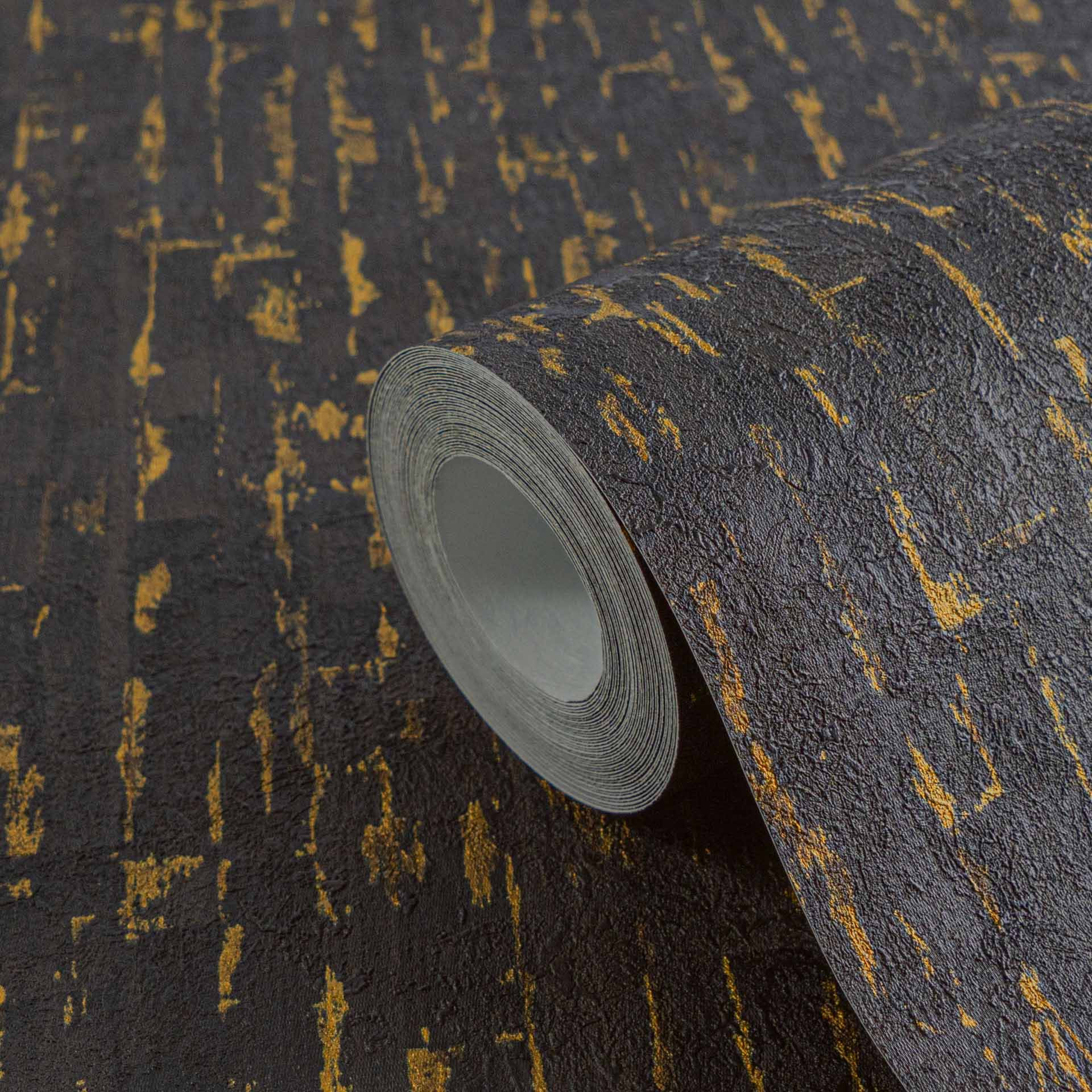 Zwart goud structuurbehang - Vliesbehang met 3D-effect modern
