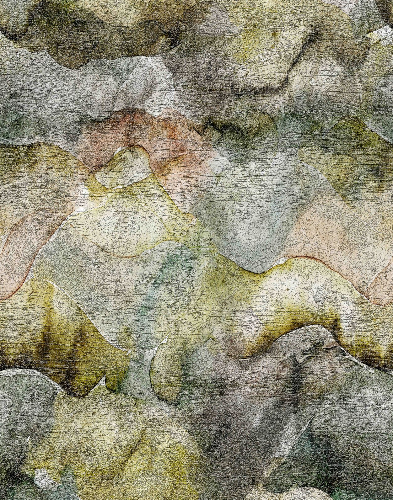 Papier peint photo motif aquarelle montagnes gris et vert olive avec effet de brume 2,7 x 2,12 m