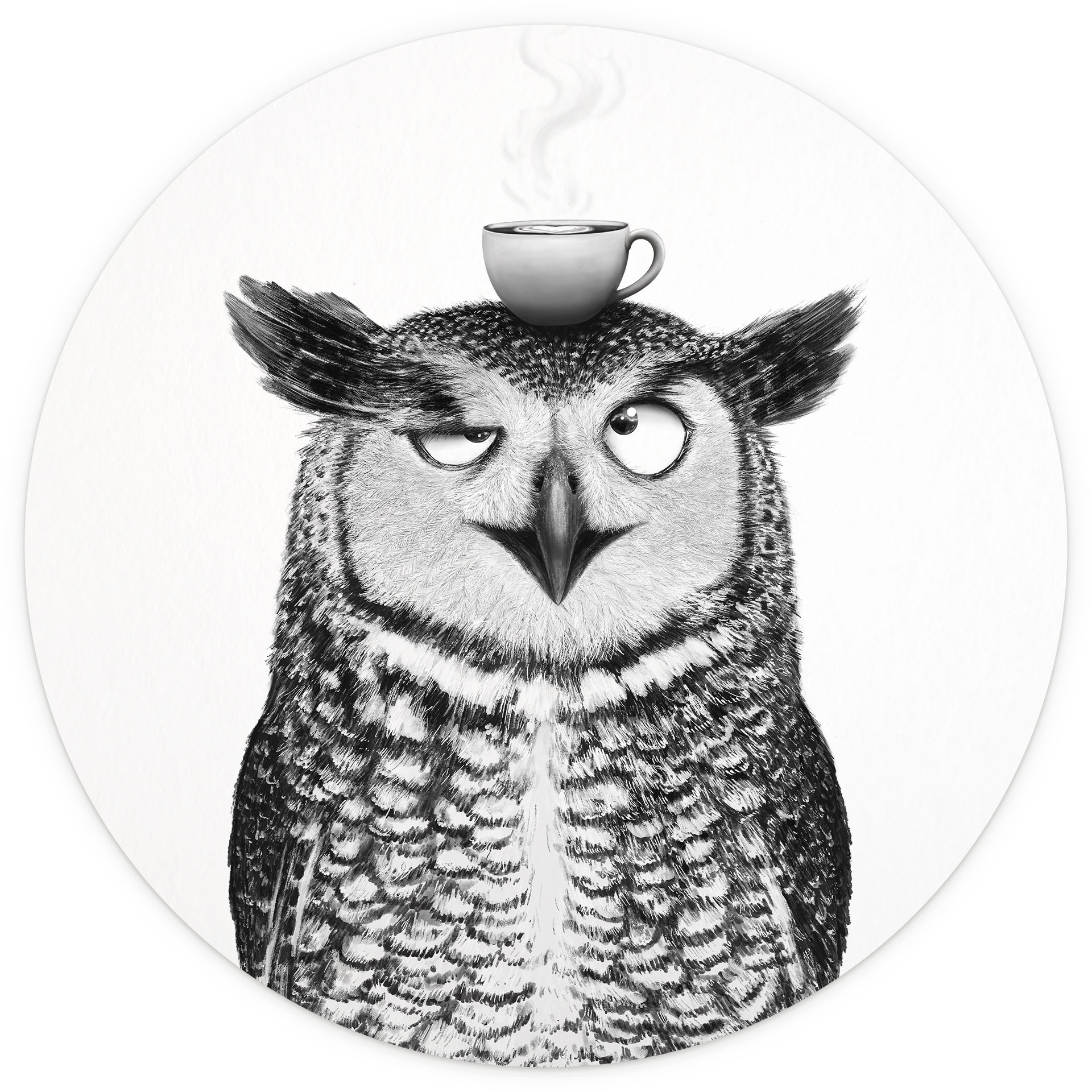 Fotobehang Grappige Uil met Koffie - Korenkova - Rond