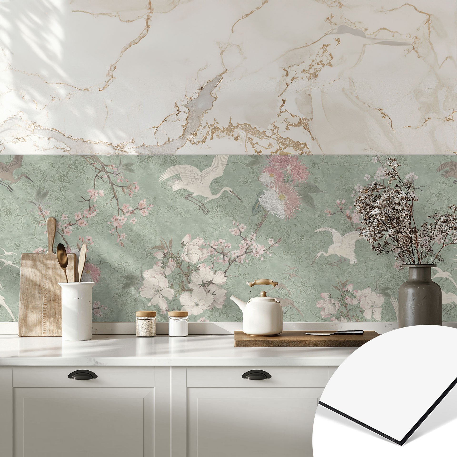 Revêtement pour cuisine grues en fleurs de cerisier vert - Bloomery Decor