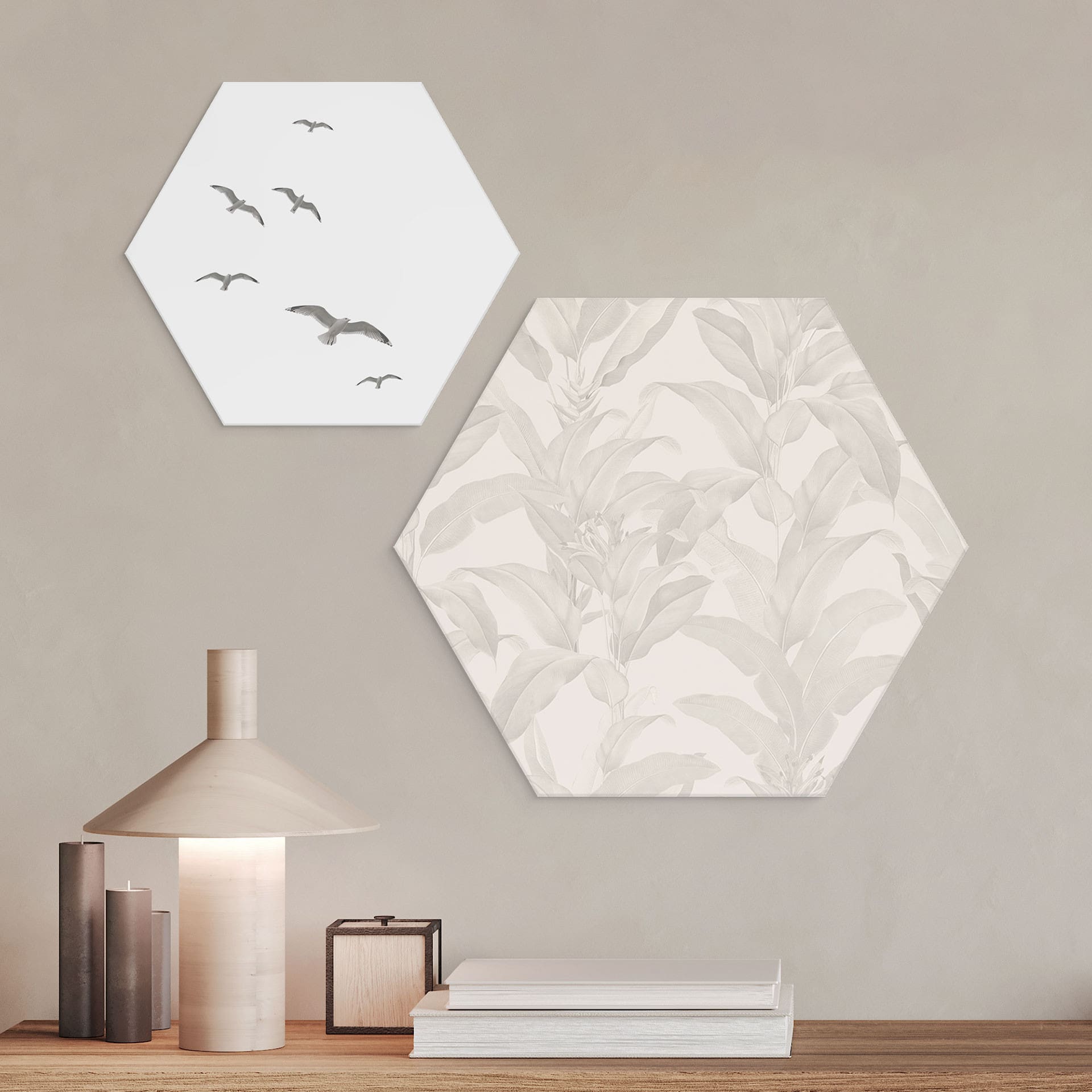 Sekskantet Billede Urban Jungle Tropical Leaves Cream - Bloomery Decor - Aluminium Dibond