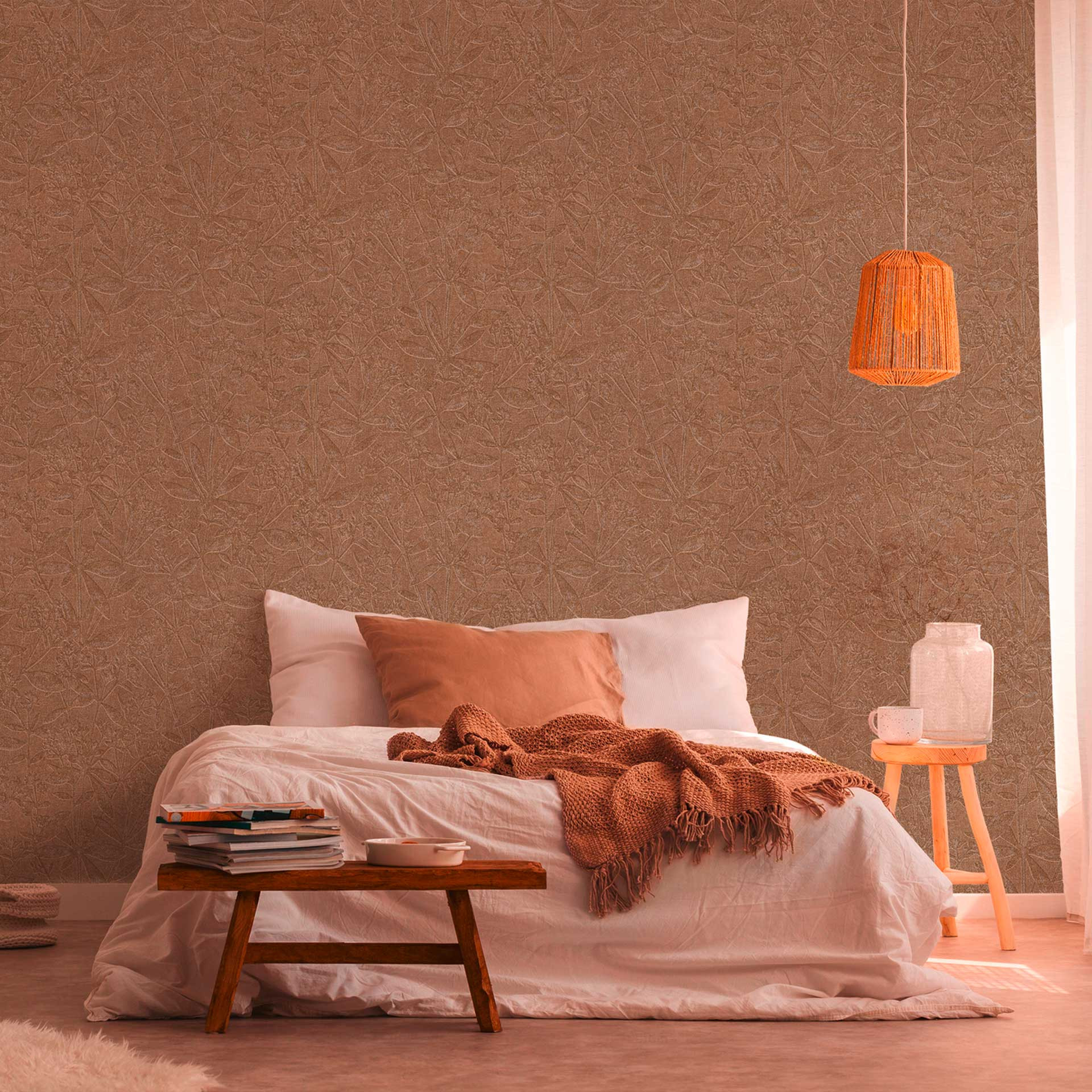 landhuis behang bruin beige - vliesbehang woonkamer - bloemen behang slaapkamer hal