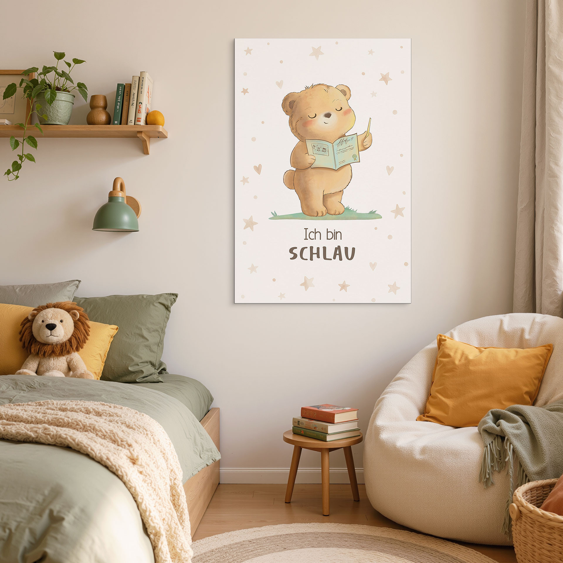 Alu-Dibond Wandbild mit lesendem Bär - Kraftsatz 'Ich bin schlau' für Kinder
