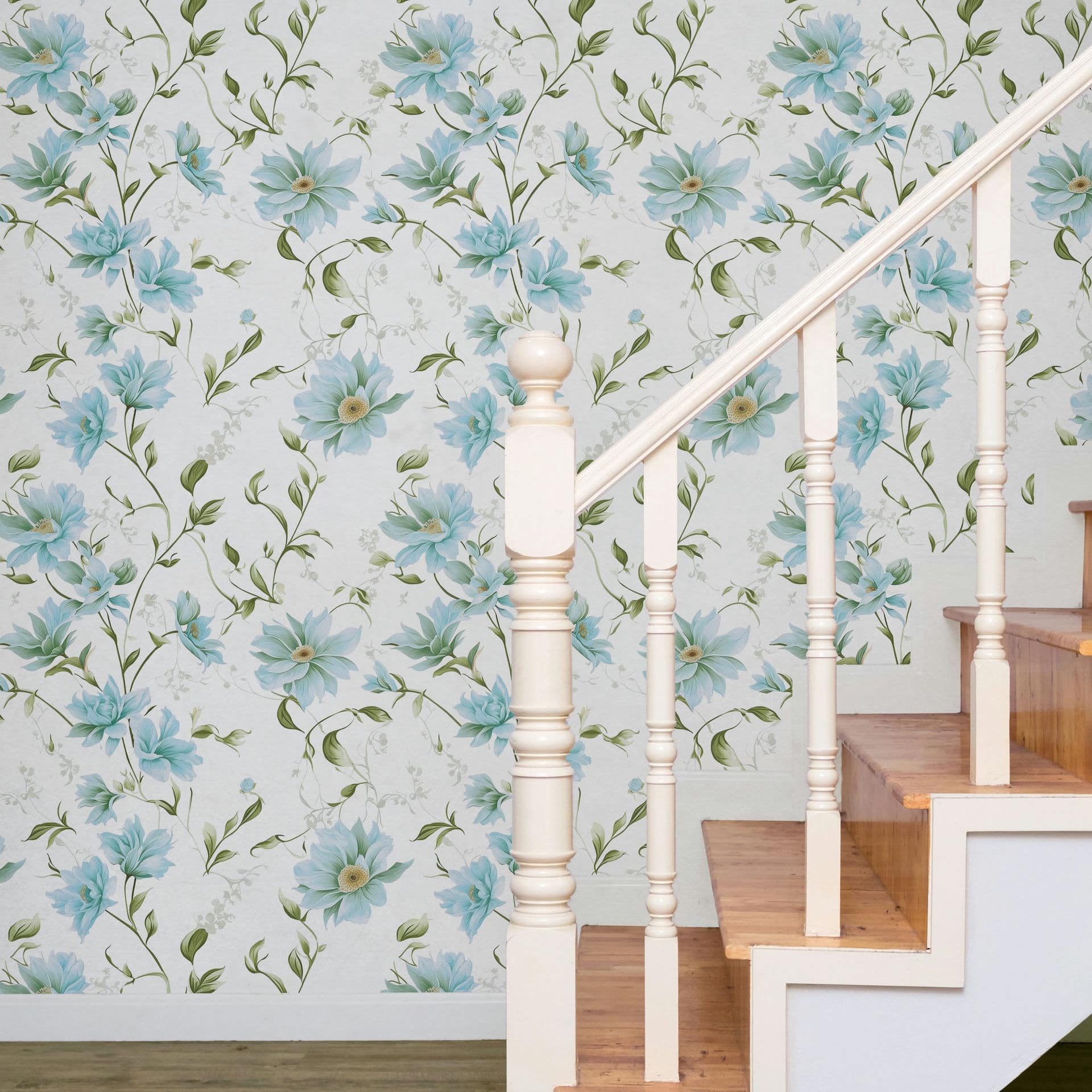 Vliesbehang bloemen, bladeren bloem natuur mat in wit groen blauw