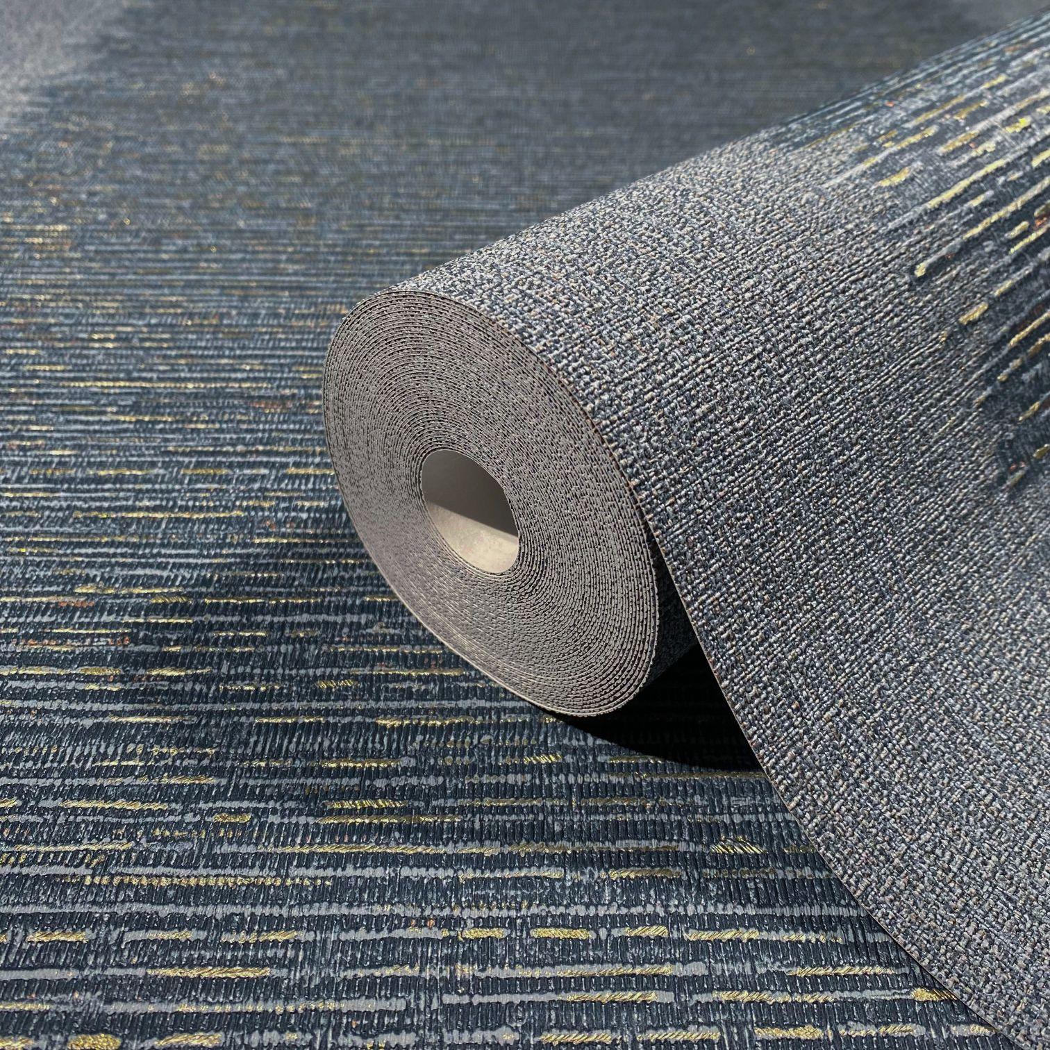 Vliesbehang met strepen en fijne lijnen blauw, grijze textuur