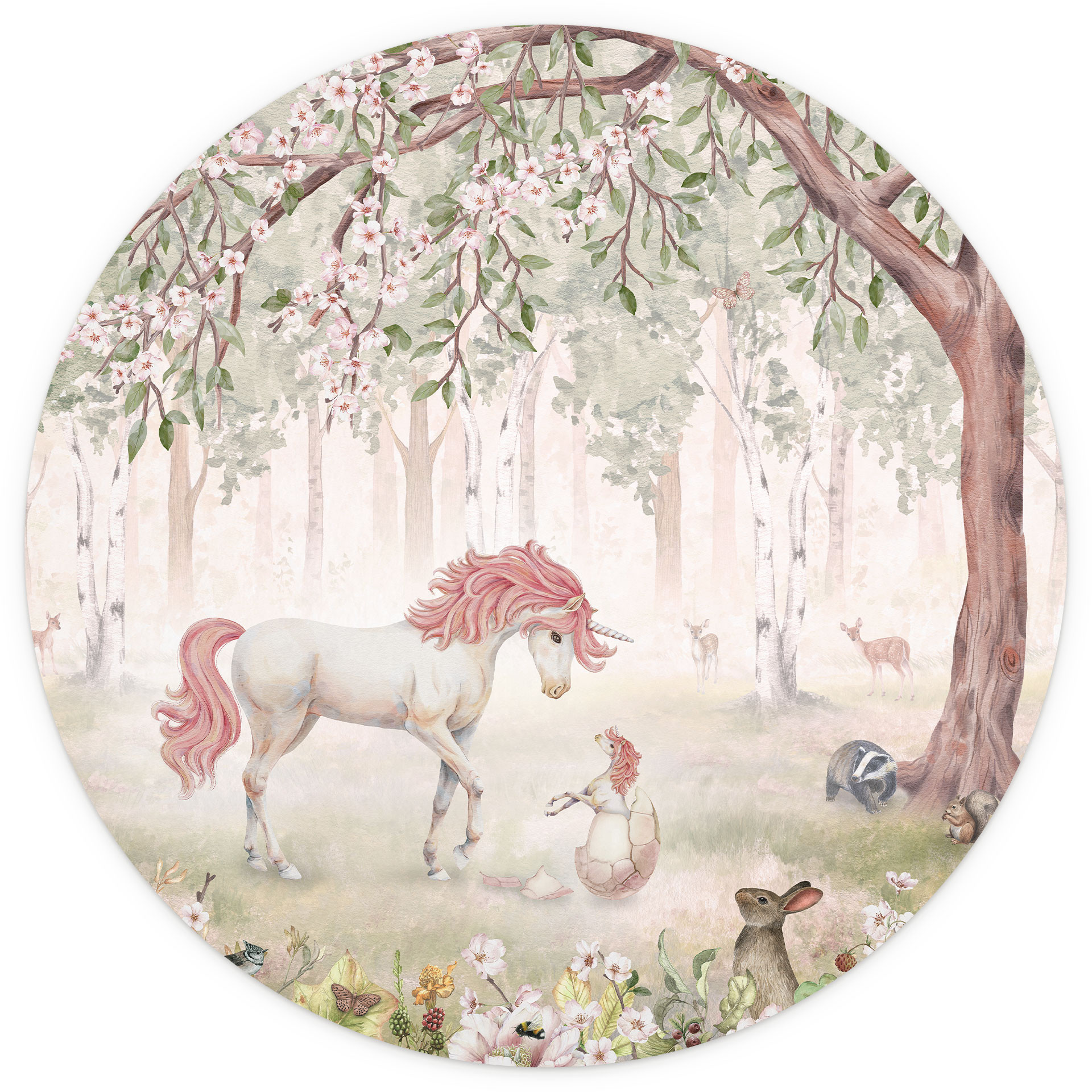 Papier peint photo rond Forêt de conte de fées avec licornes - Kikki Belle - papier peint intissé/pa