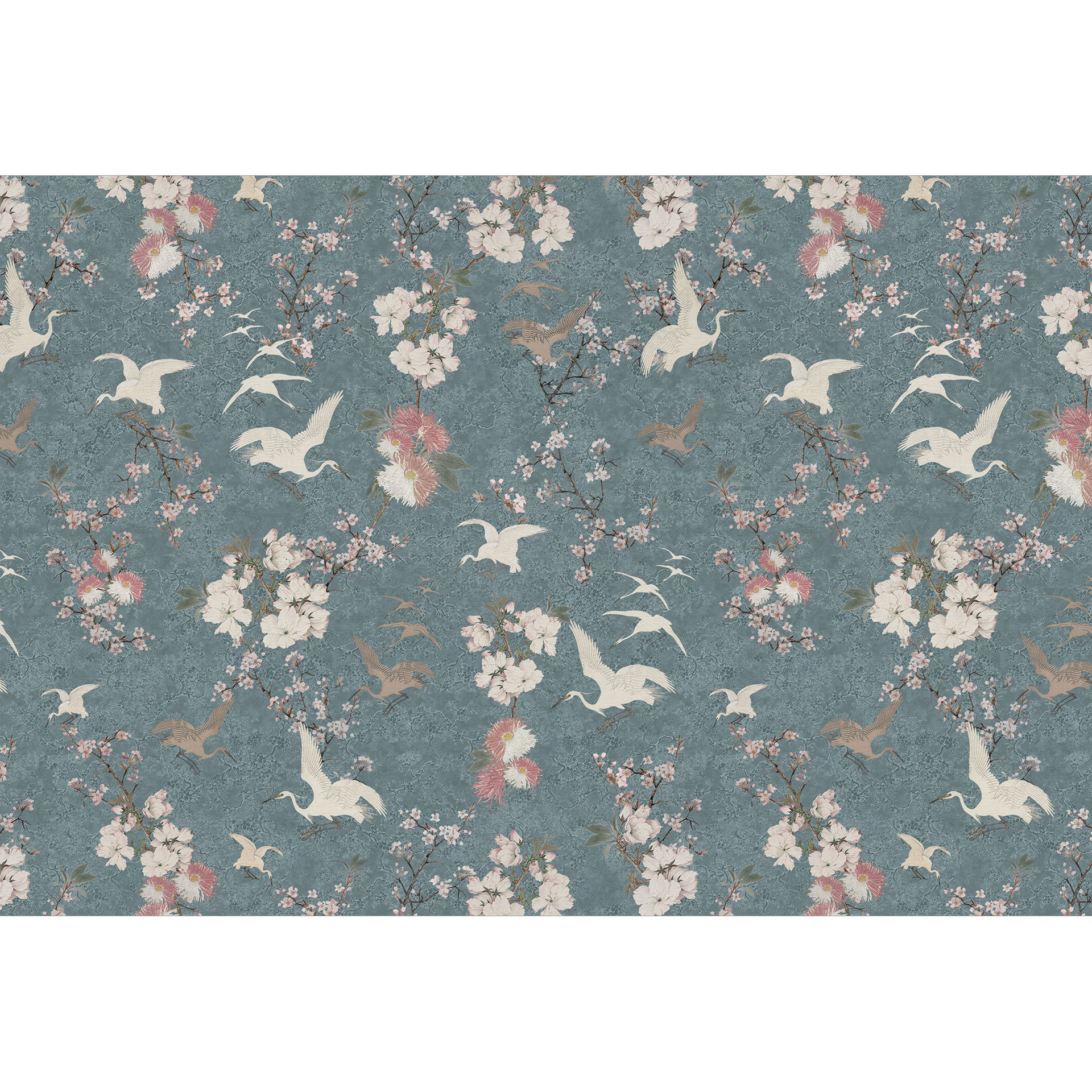 Japandi Stijl Fotobehang - Kraanvogels in Kersenbloesem Rush Blauw - Bloeiende Decor