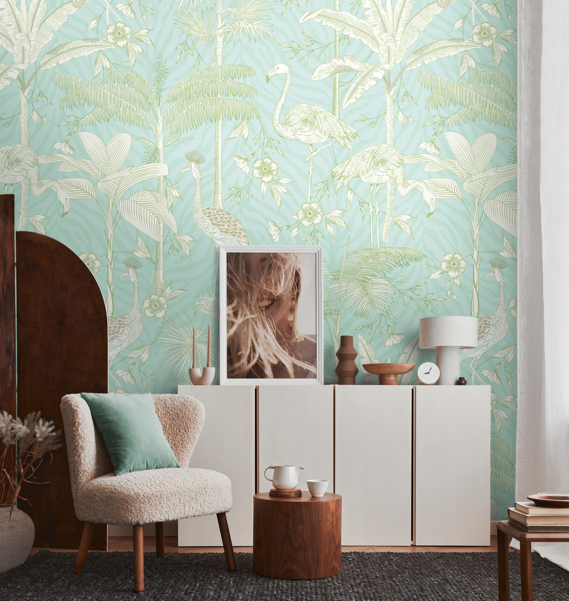 dieren behang turquoise wit - vliesbehang insecten & dieren Livingwalls - mat en glad