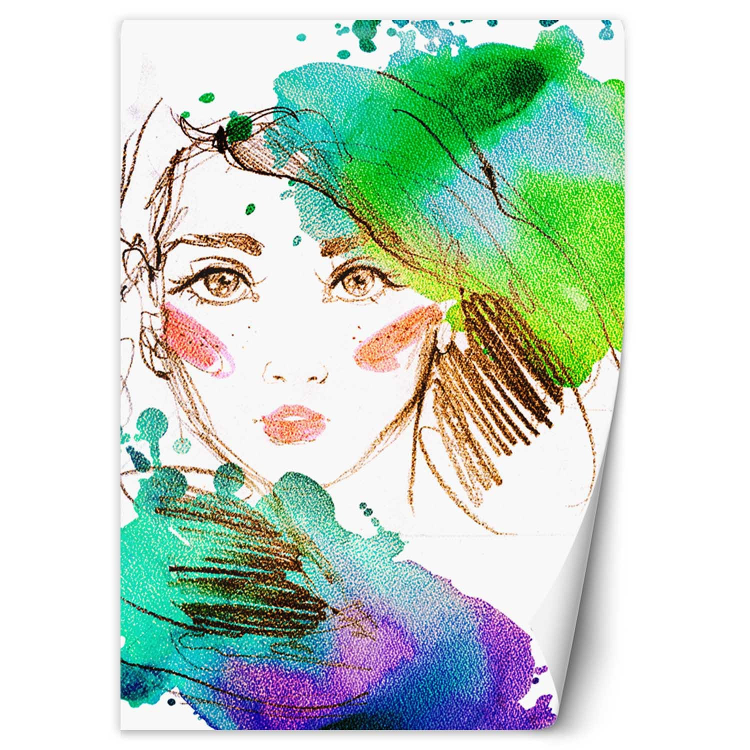 Fototapete, bunt Frau Porträt Aquarell