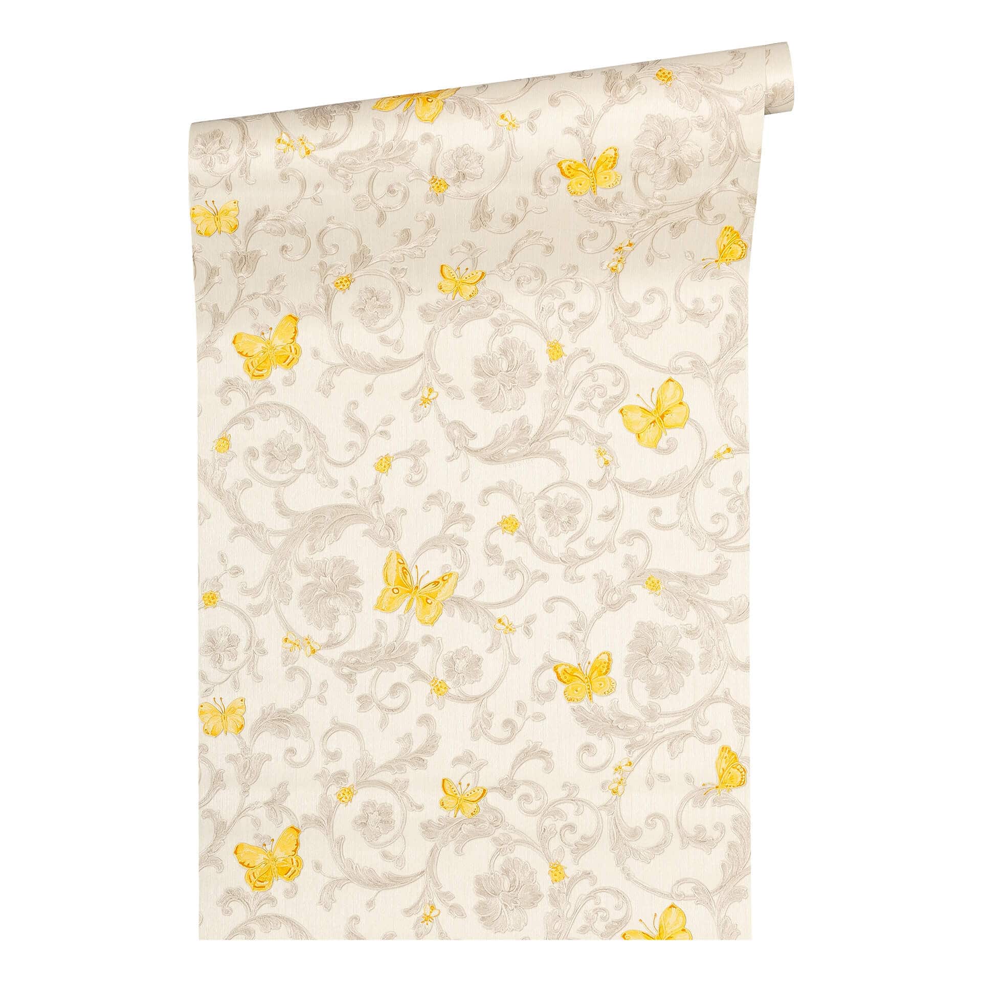Versace tapet, Fleecetapet Butterfly Barocco Baroktapet med ornamenter, gul, guld, creme