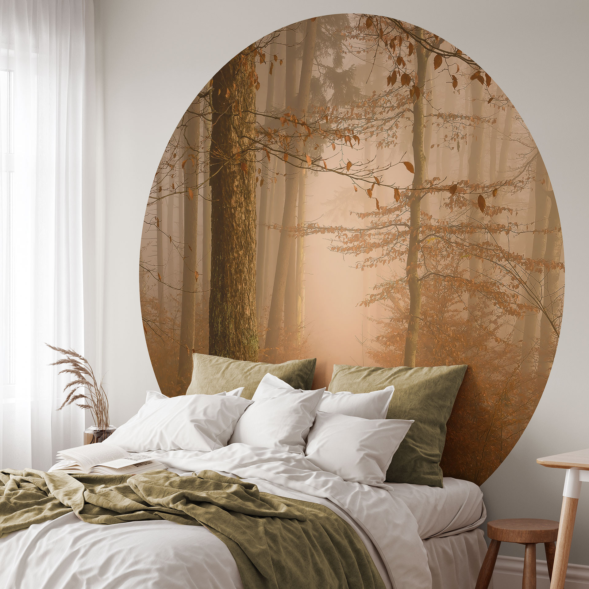 Fotobehang nevel en licht in het herfstbos - Maier - Rond - vliesbehang/zelfklevend vliesbehang