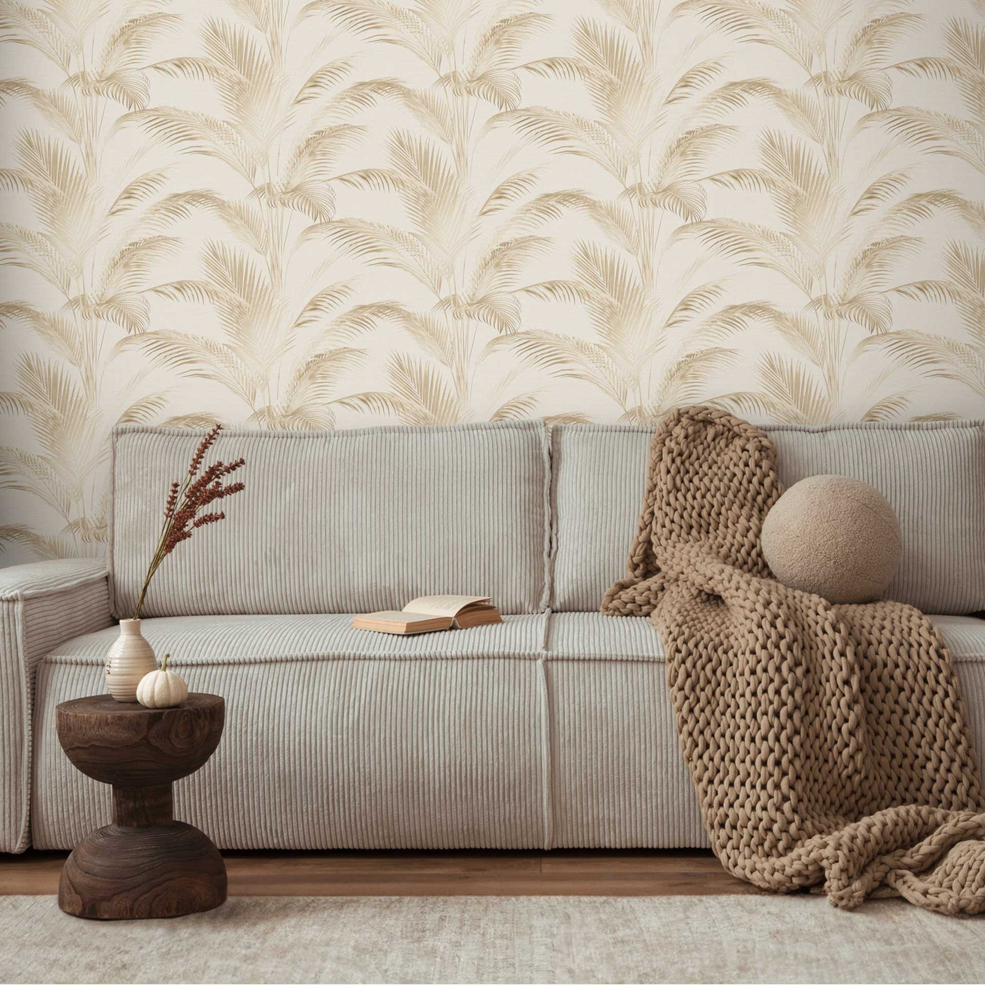 Palmboom behang beige crème - Vliesbehang met tropisch monster in natuurlijke tinten
