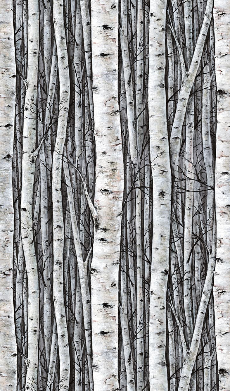 vliesbehang met bossen en beuken grijs, blauw bloemmotieven 2,70 x 1,59 m
