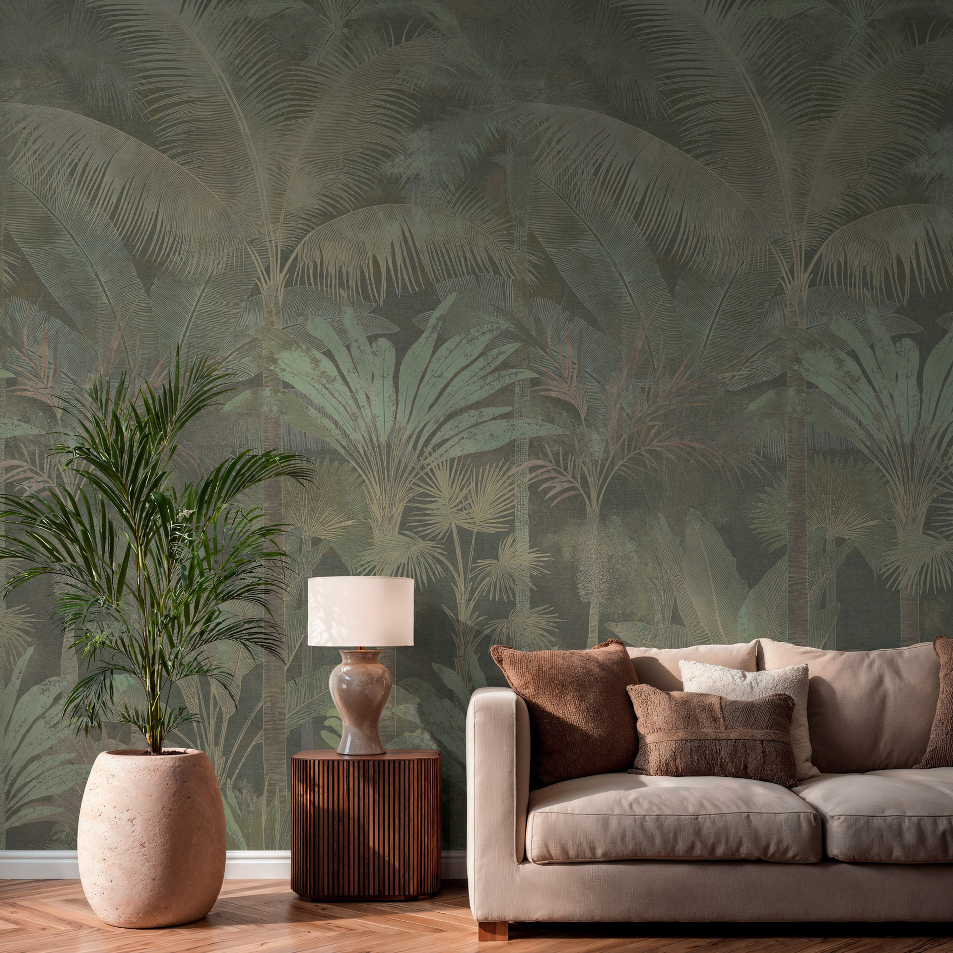 Fotobehang palmbomen jungle uitrekbaar beige groen 159x280 cm Vliesbehang