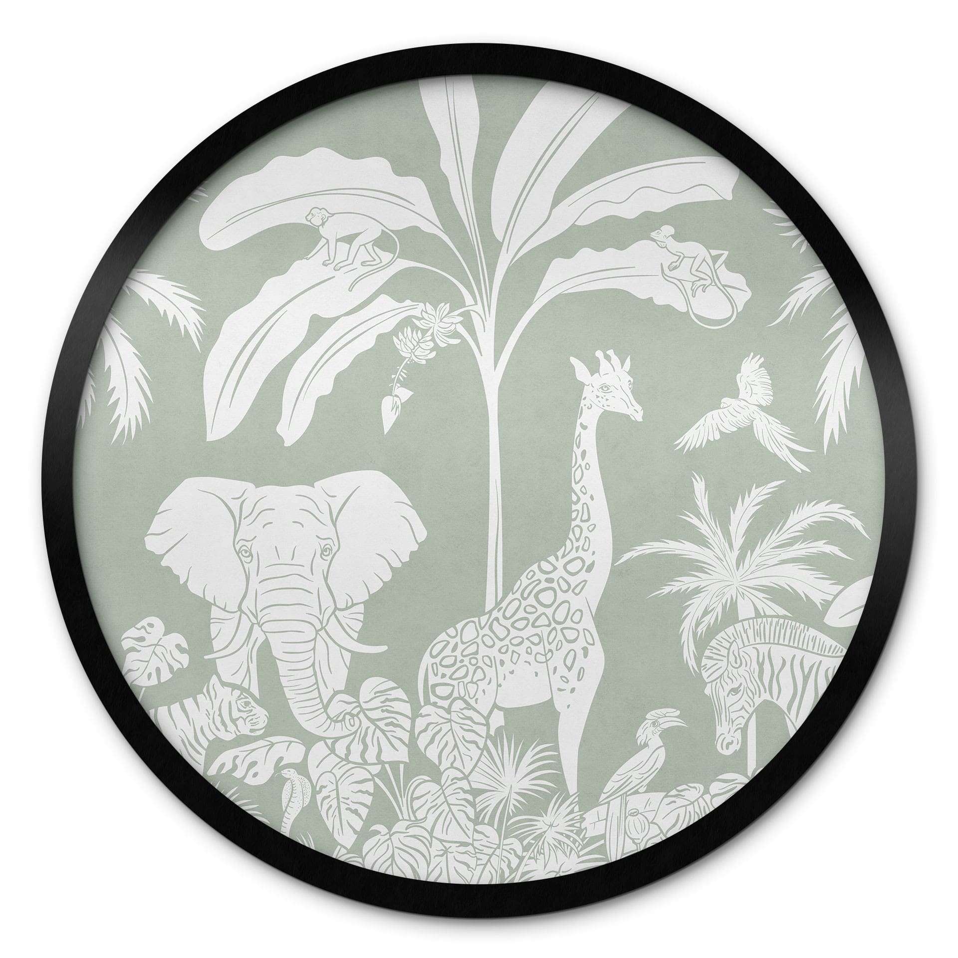 Poster Animaux de la jungle en vert tropical - Kikki Belle - Rond