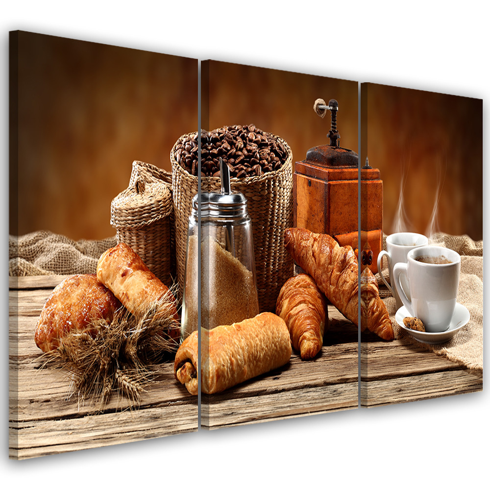 3-delt lærredsprint, kaffe med croissant
