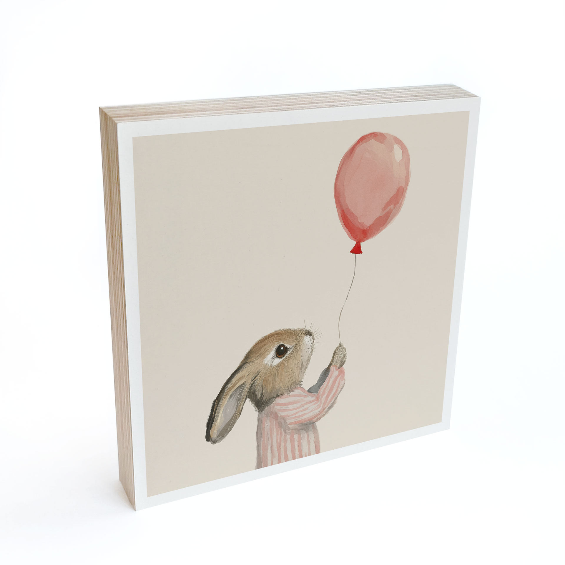 Billede af træ til at sætte op - Sød kanin med ballon - Treechild - 15x15 cm
